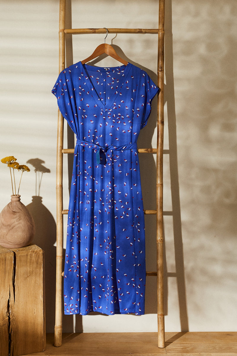 Blue patterned dress and bolero set