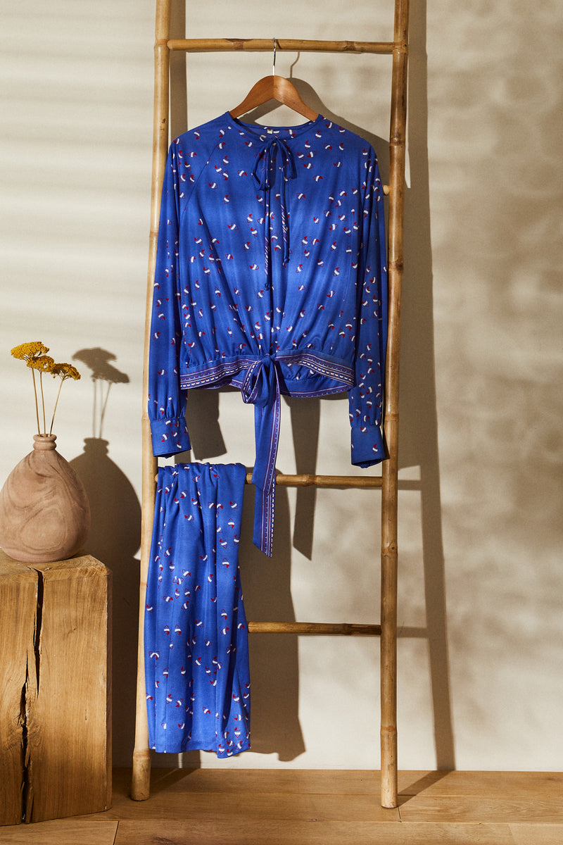 Blue patterned dress and bolero set