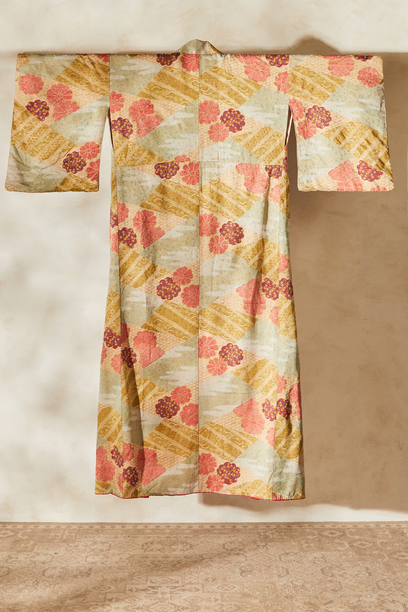 Kimono long en soie kaki à motifs