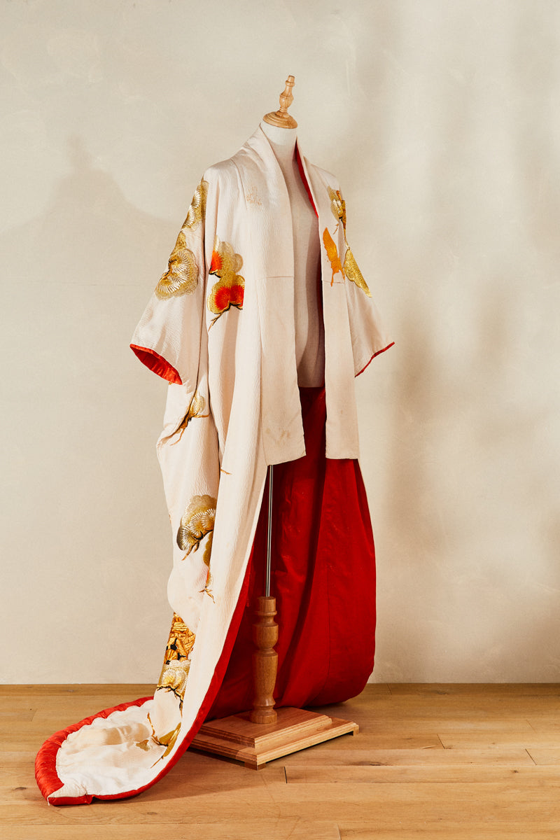 Long black silk kimono with gold embroidered patterns