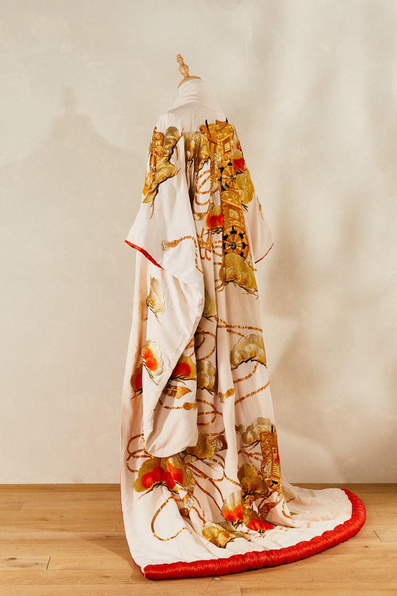 Long black silk kimono with gold embroidered patterns