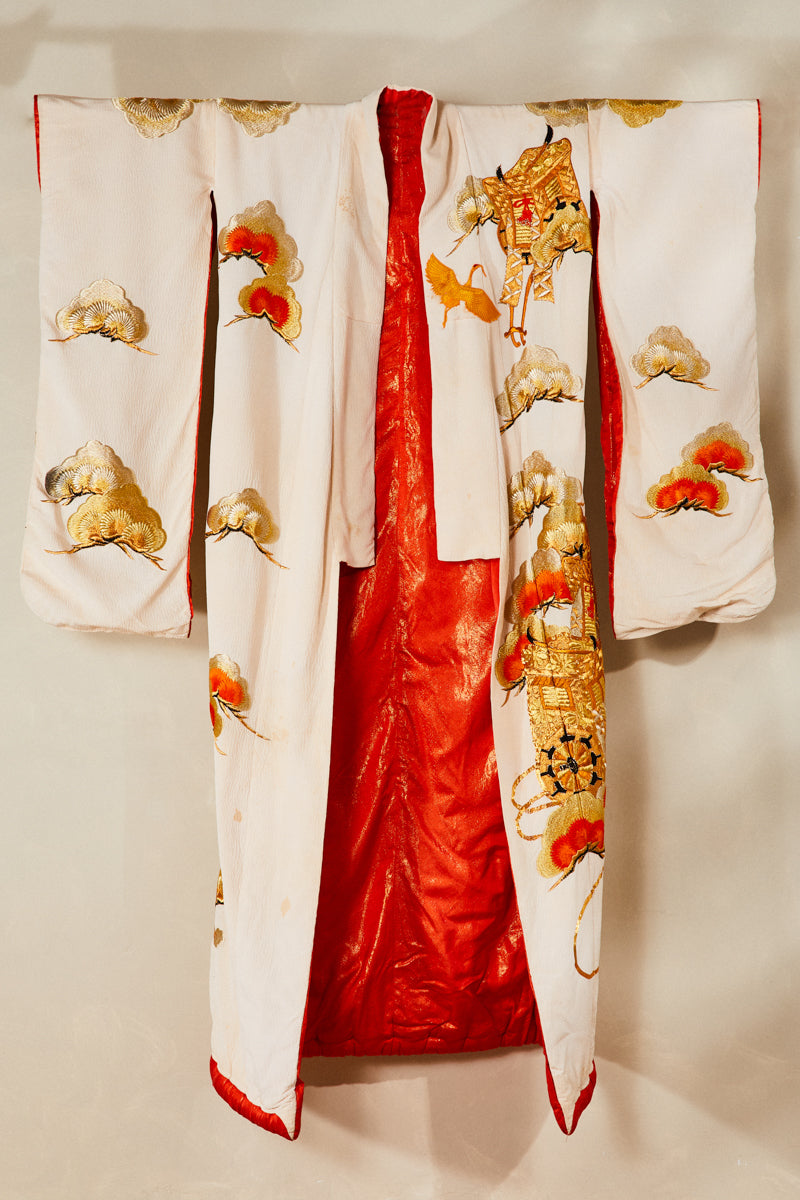 Long black silk kimono with gold embroidered patterns