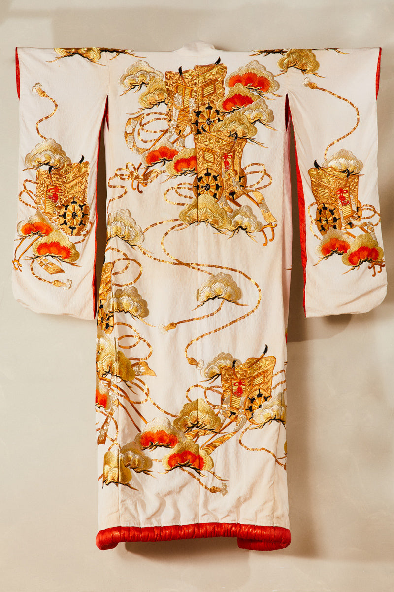 Long black silk kimono with gold embroidered patterns
