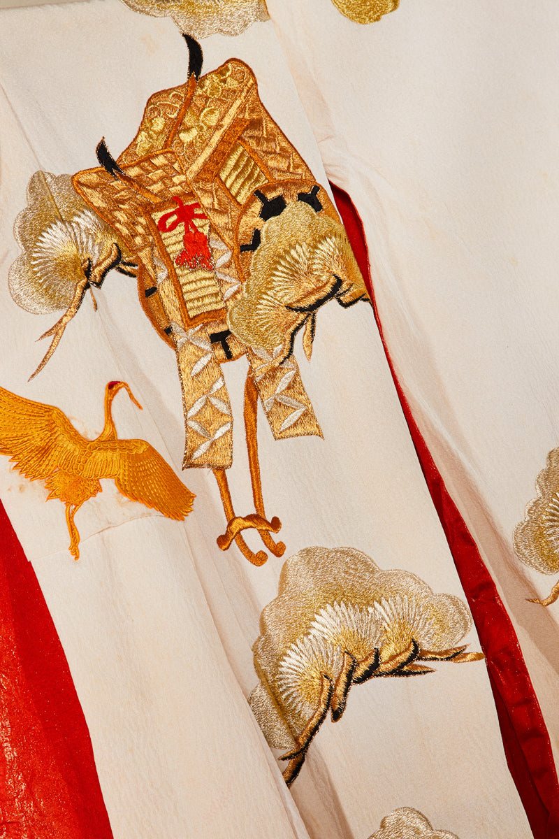 Long black silk kimono with gold embroidered patterns