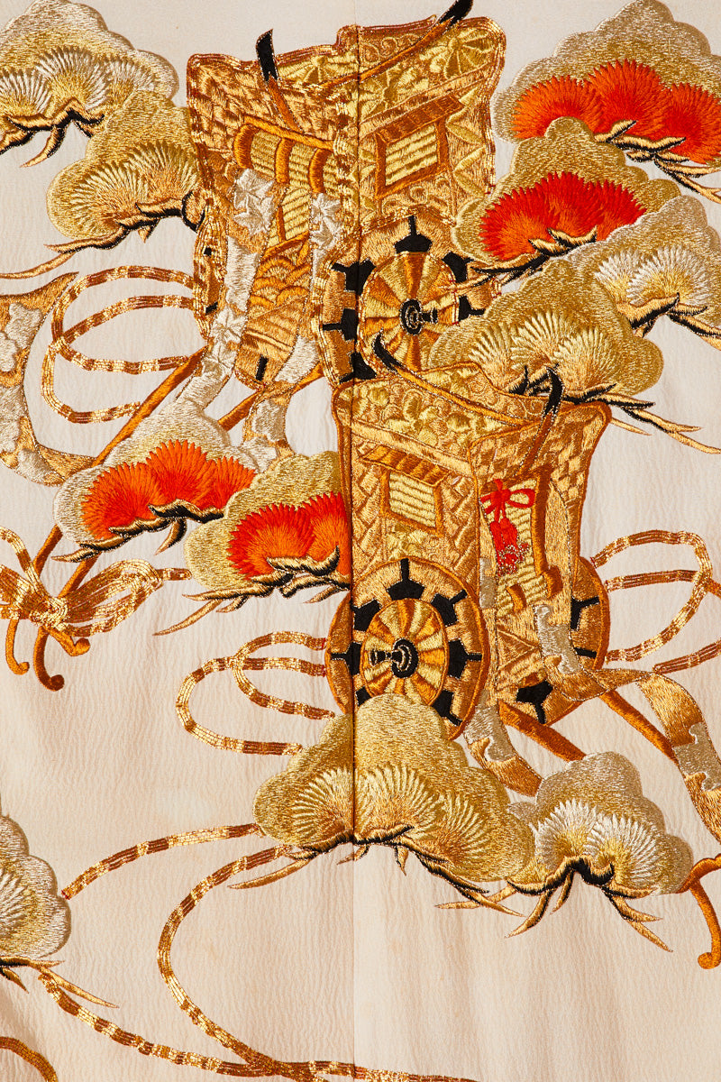 Long black silk kimono with gold embroidered patterns