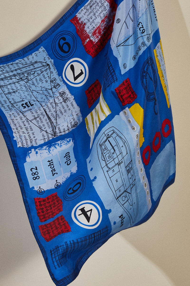 Blue nautical print silk scarf
