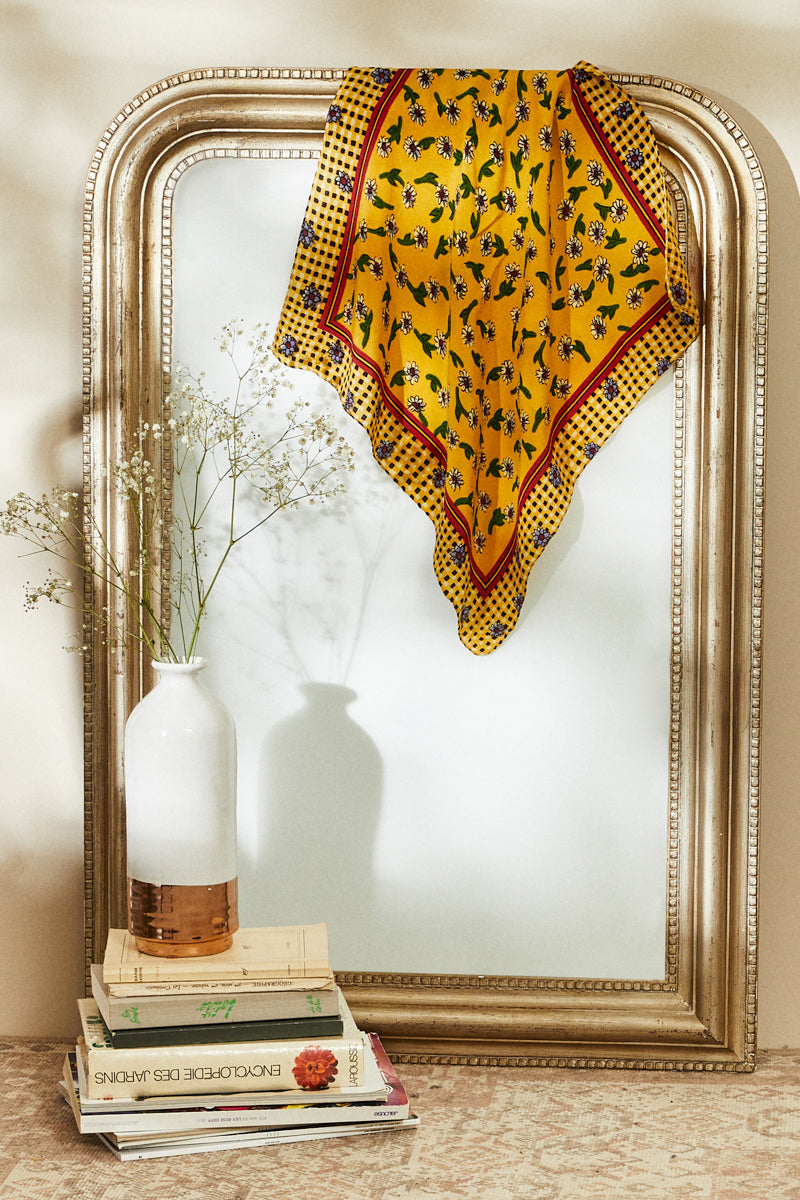 Yellow floral printed silk scarf