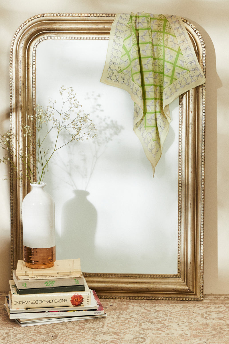 Green floral printed silk scarf