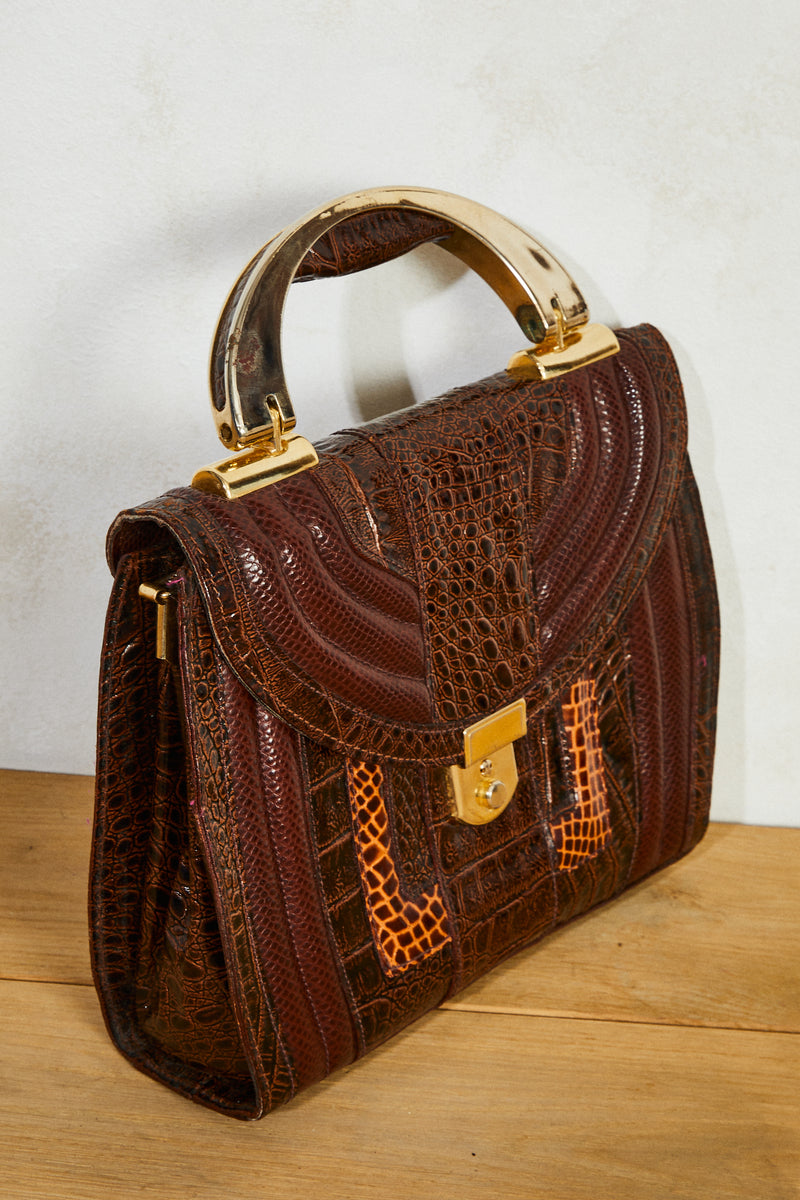 Brown crocodile patchwork leather handbag