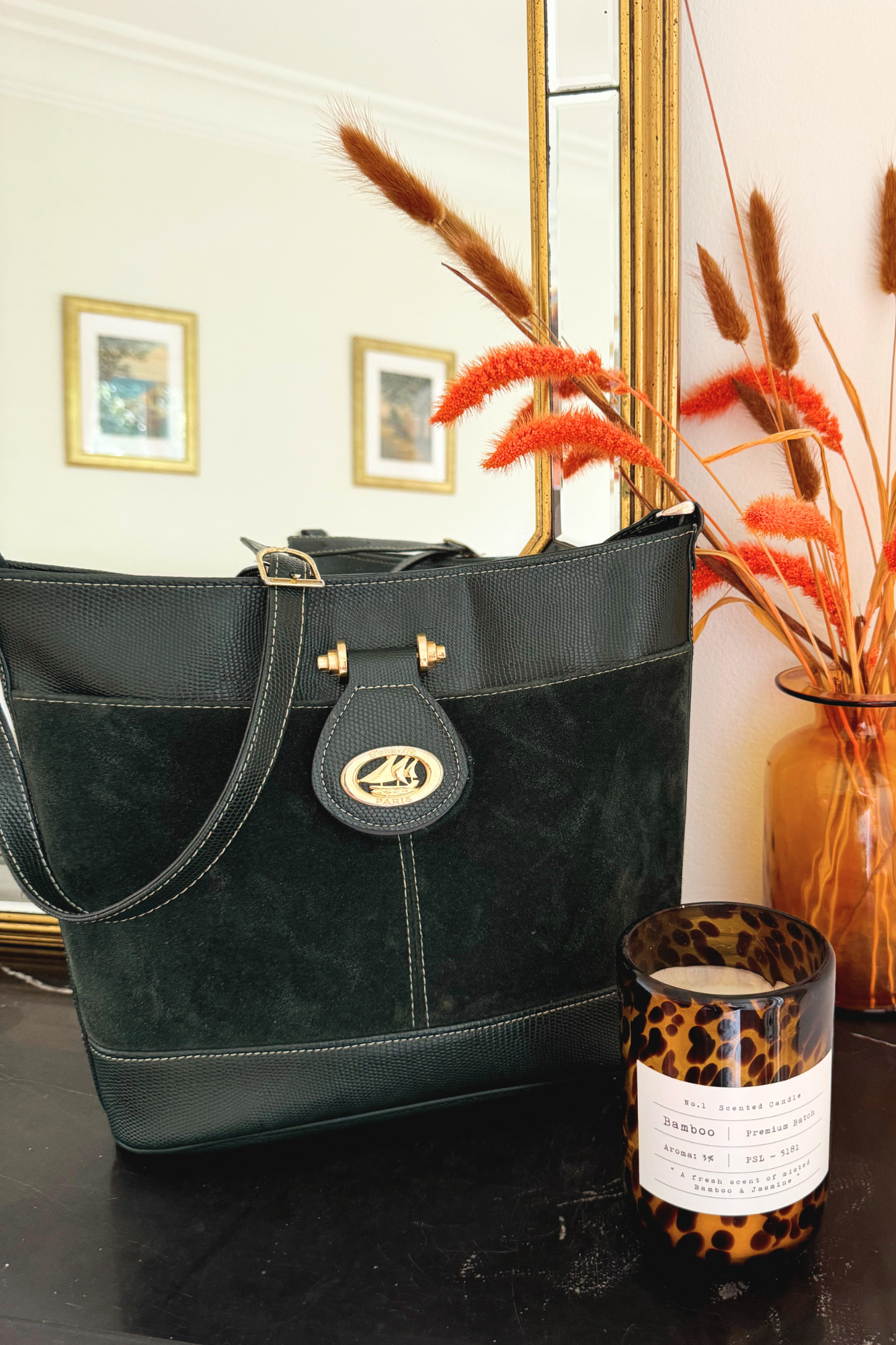 Green leather bucket bag