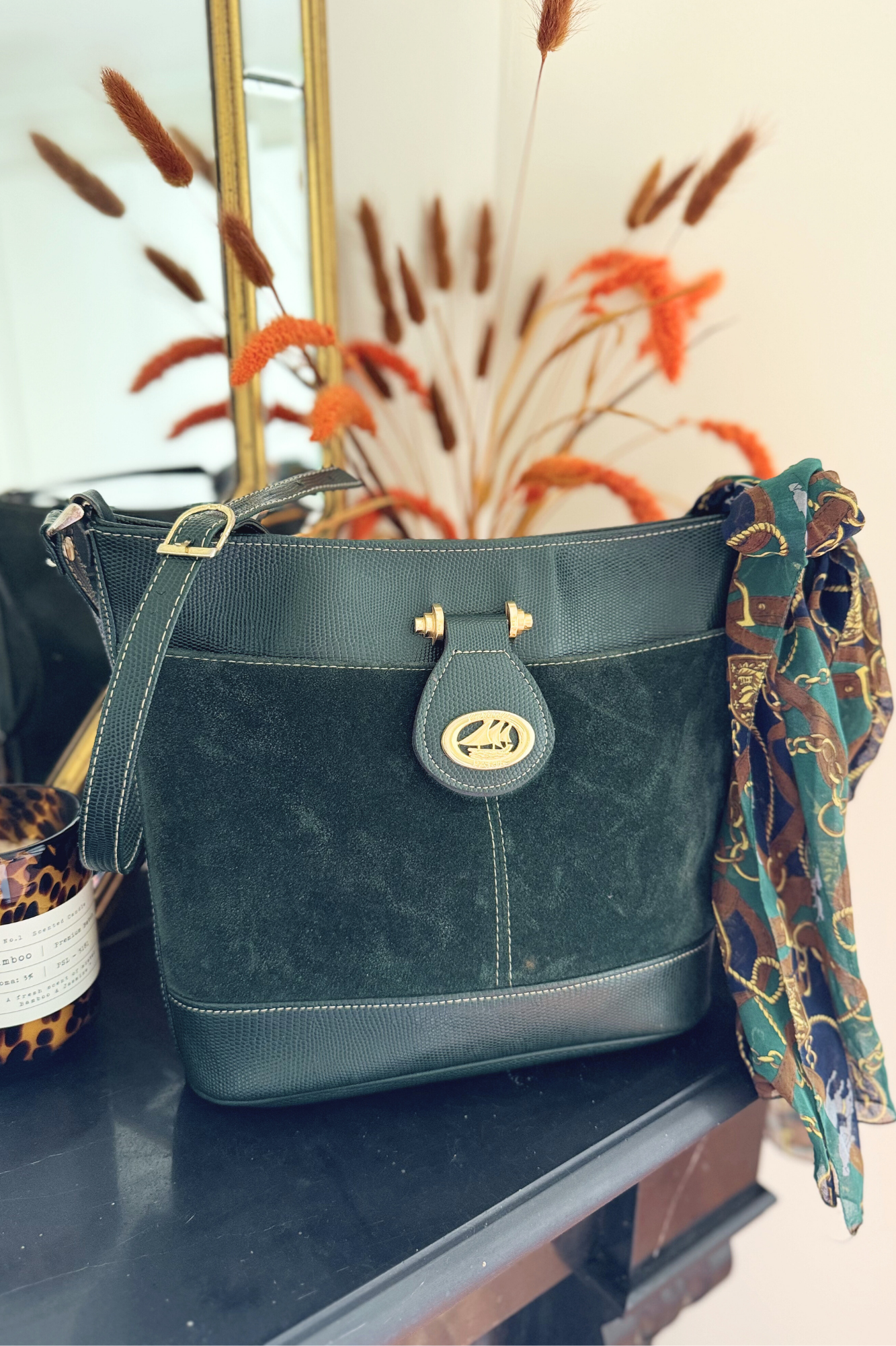 Green leather bucket bag