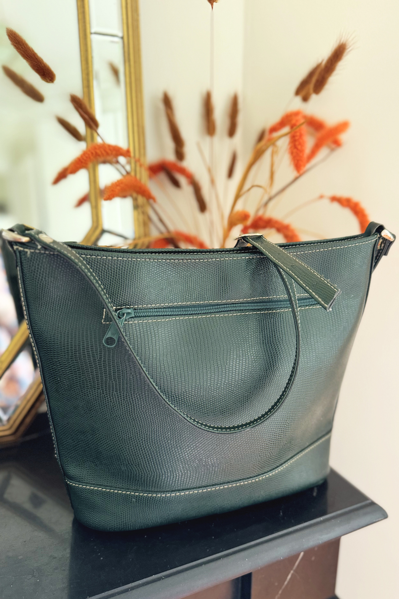 Green leather bucket bag