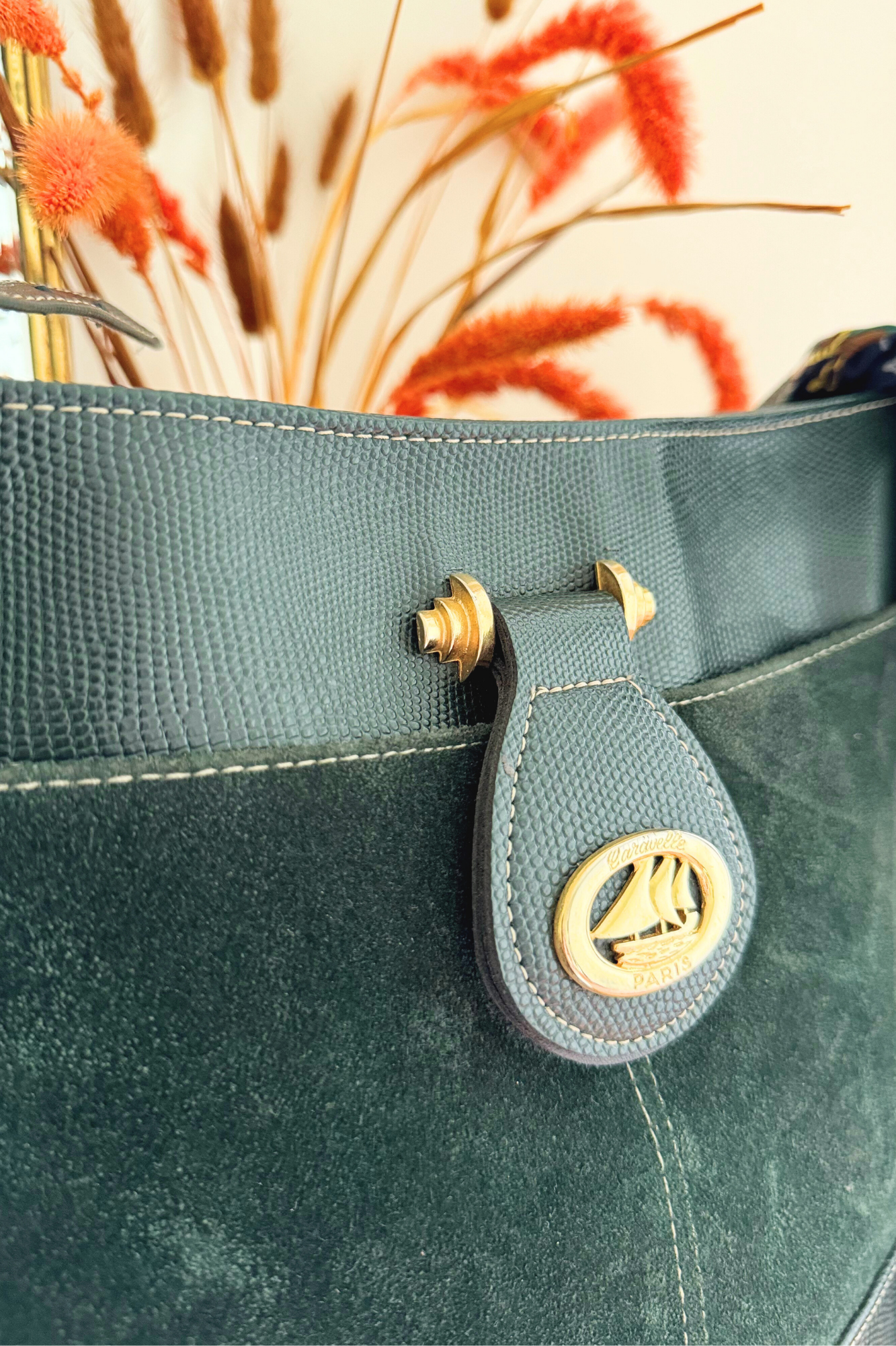Green leather bucket bag