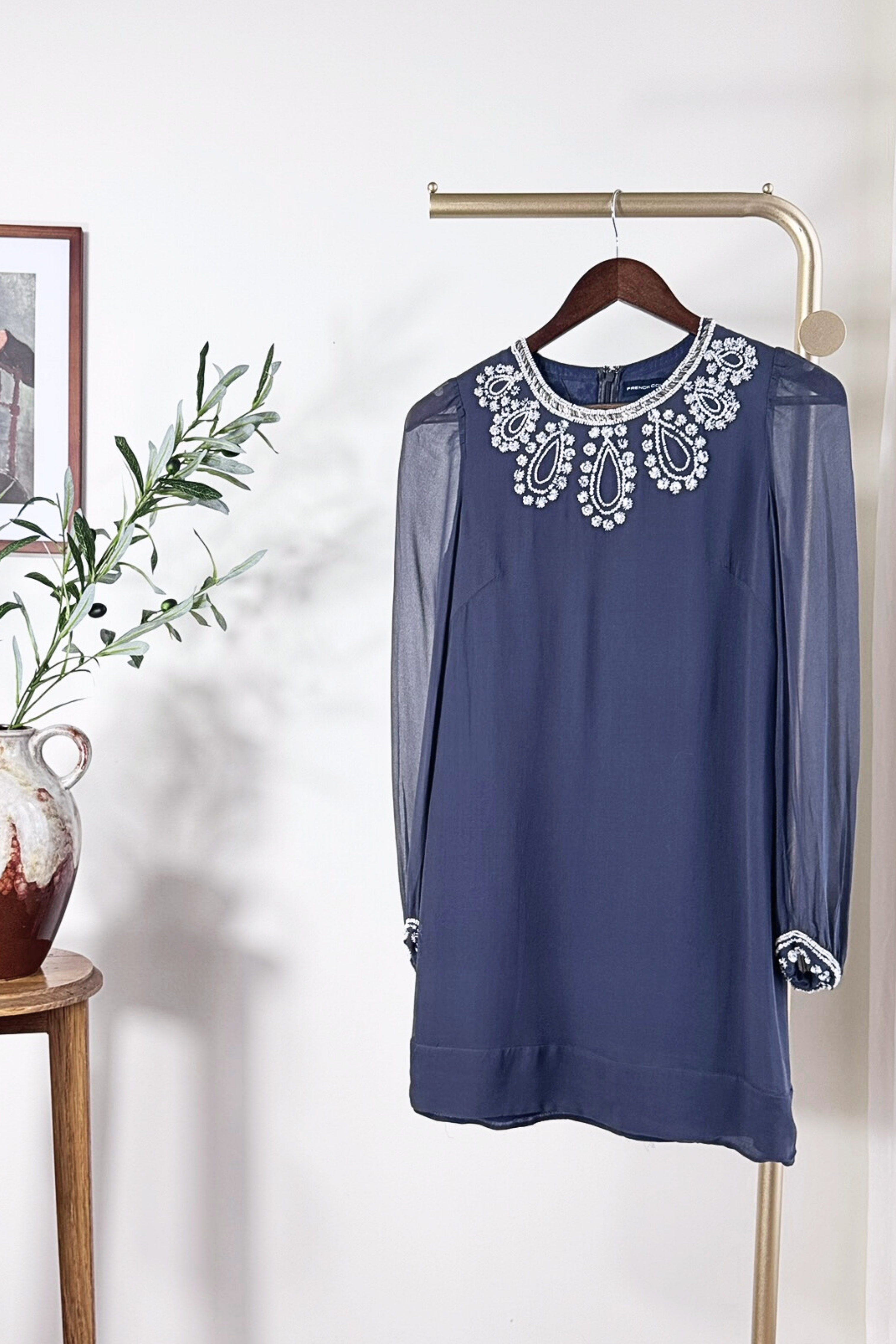 Blouse longue en soie brodée sequins marine