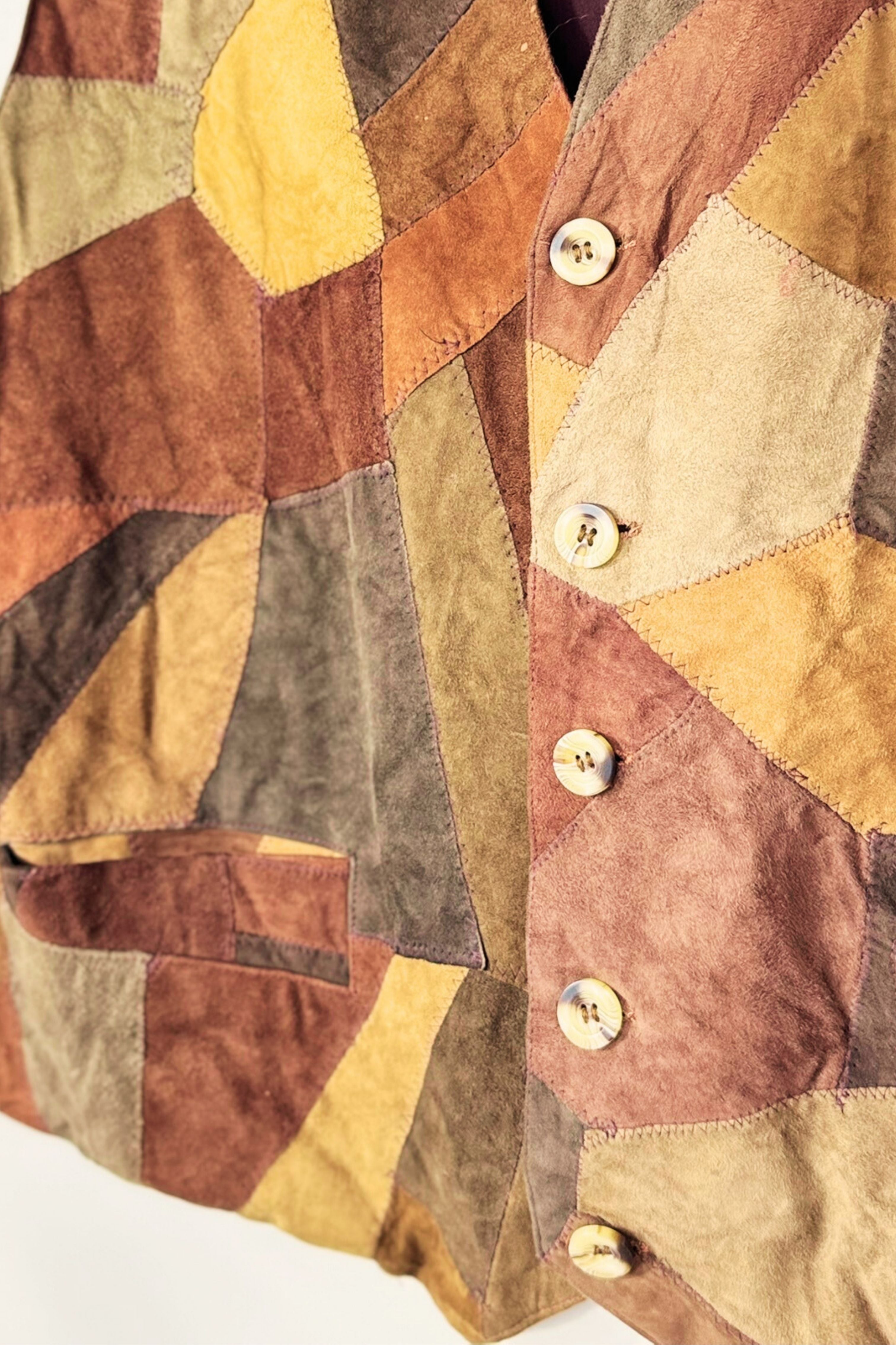Veston boutonné en daim patchwork marron
