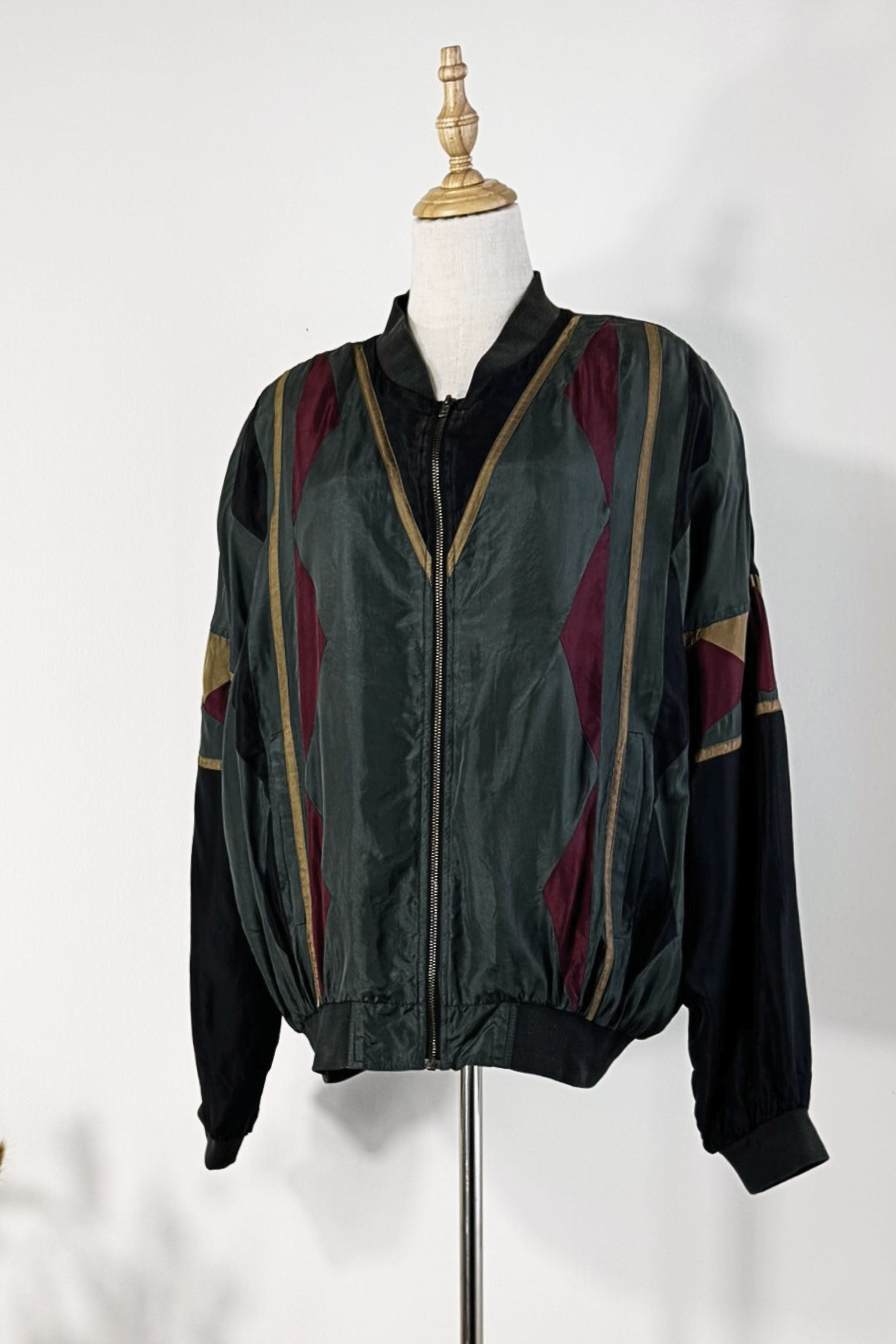 Veste bomber en soie kaki et noire