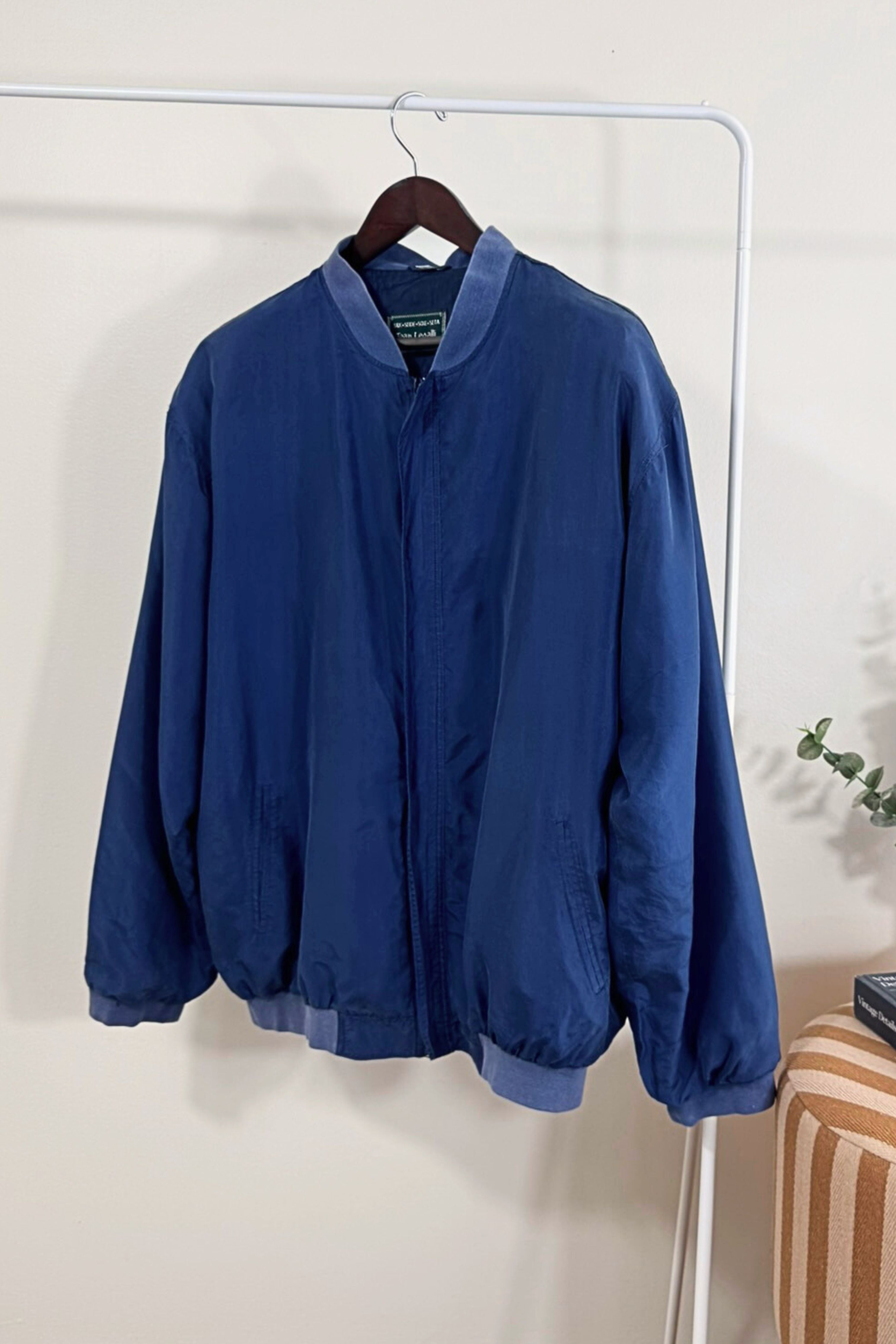 Veste bomber en soie bleu marine