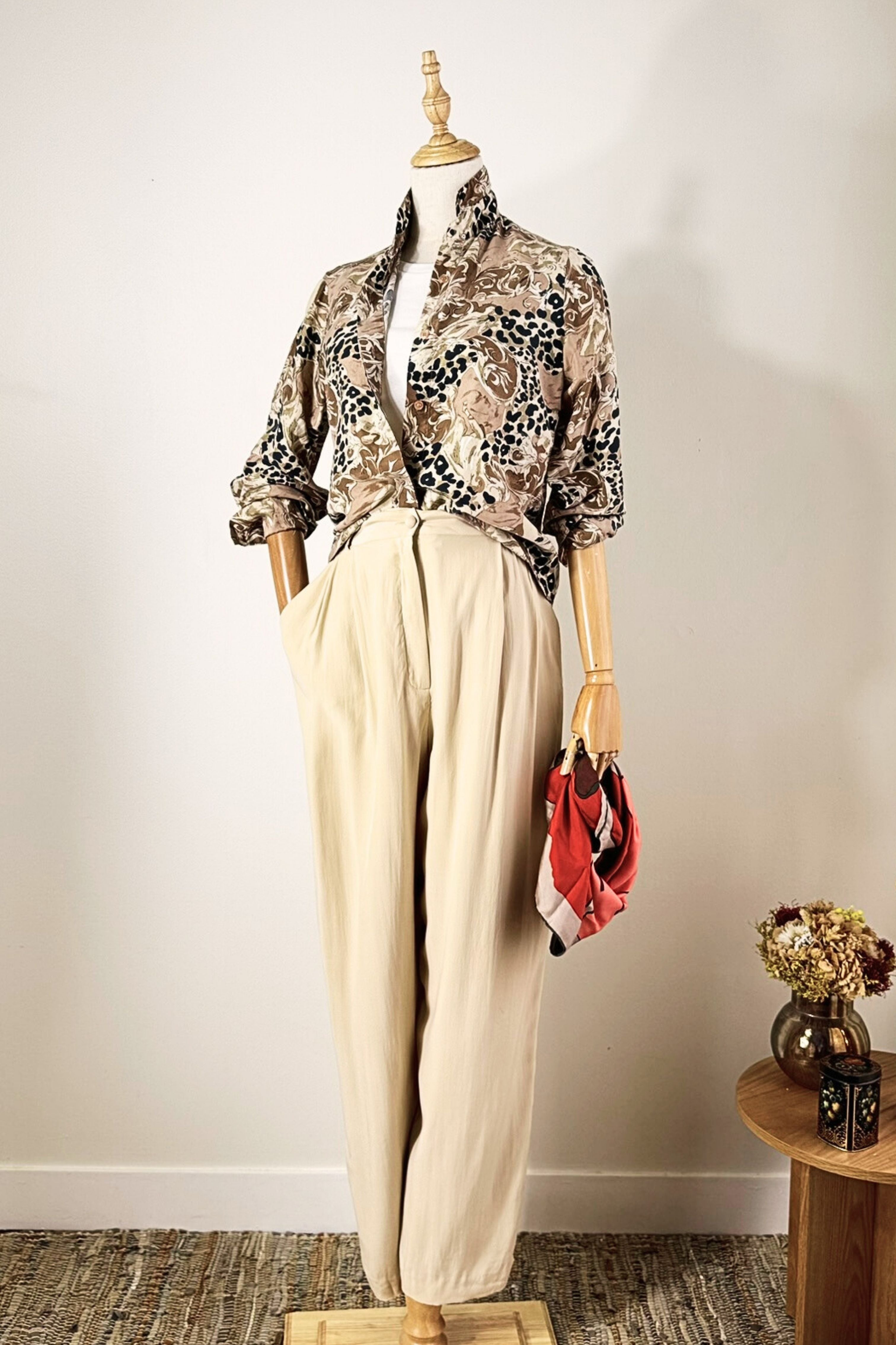 Pantalon large en soie beige