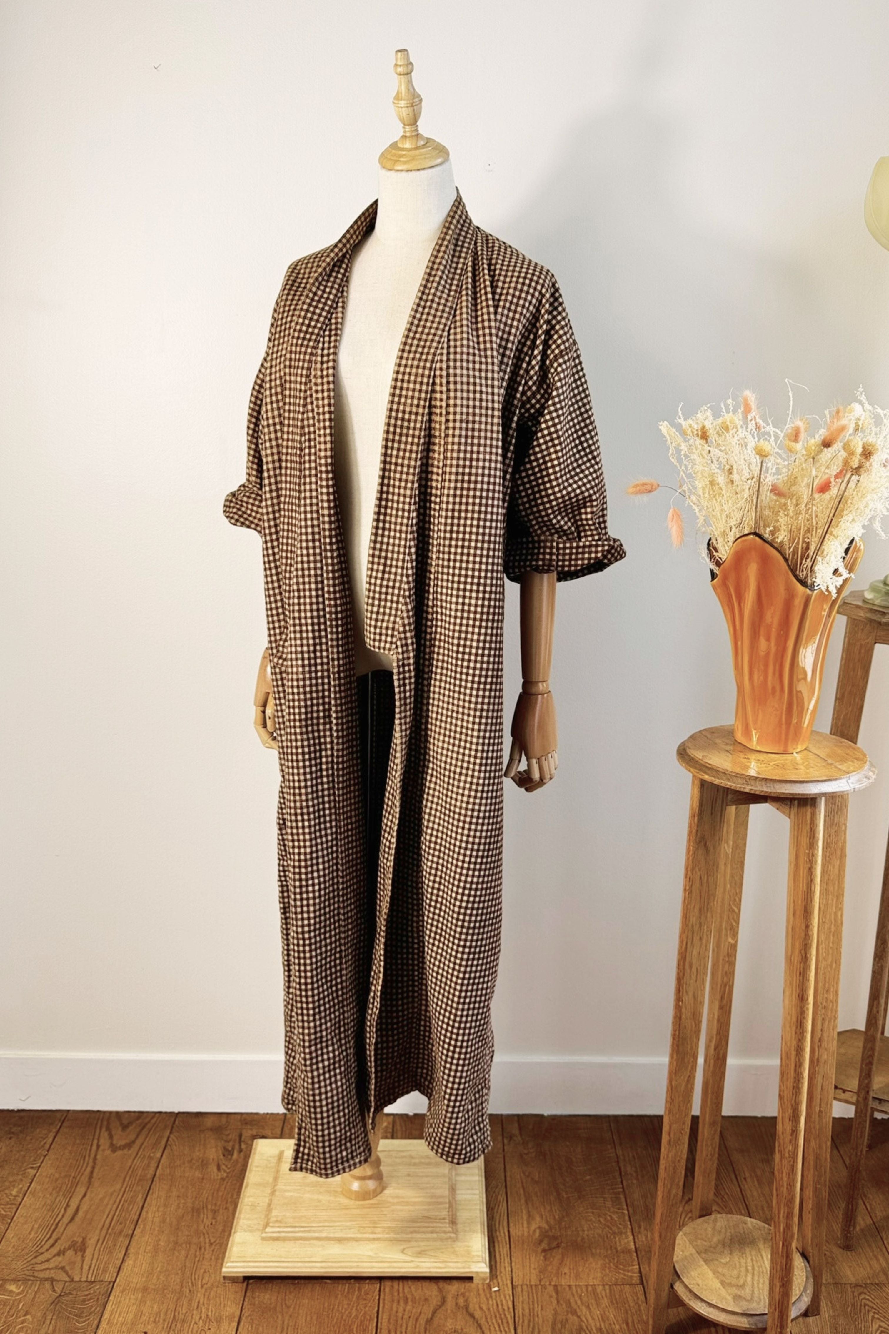 Kimono long à carreaux épais marron