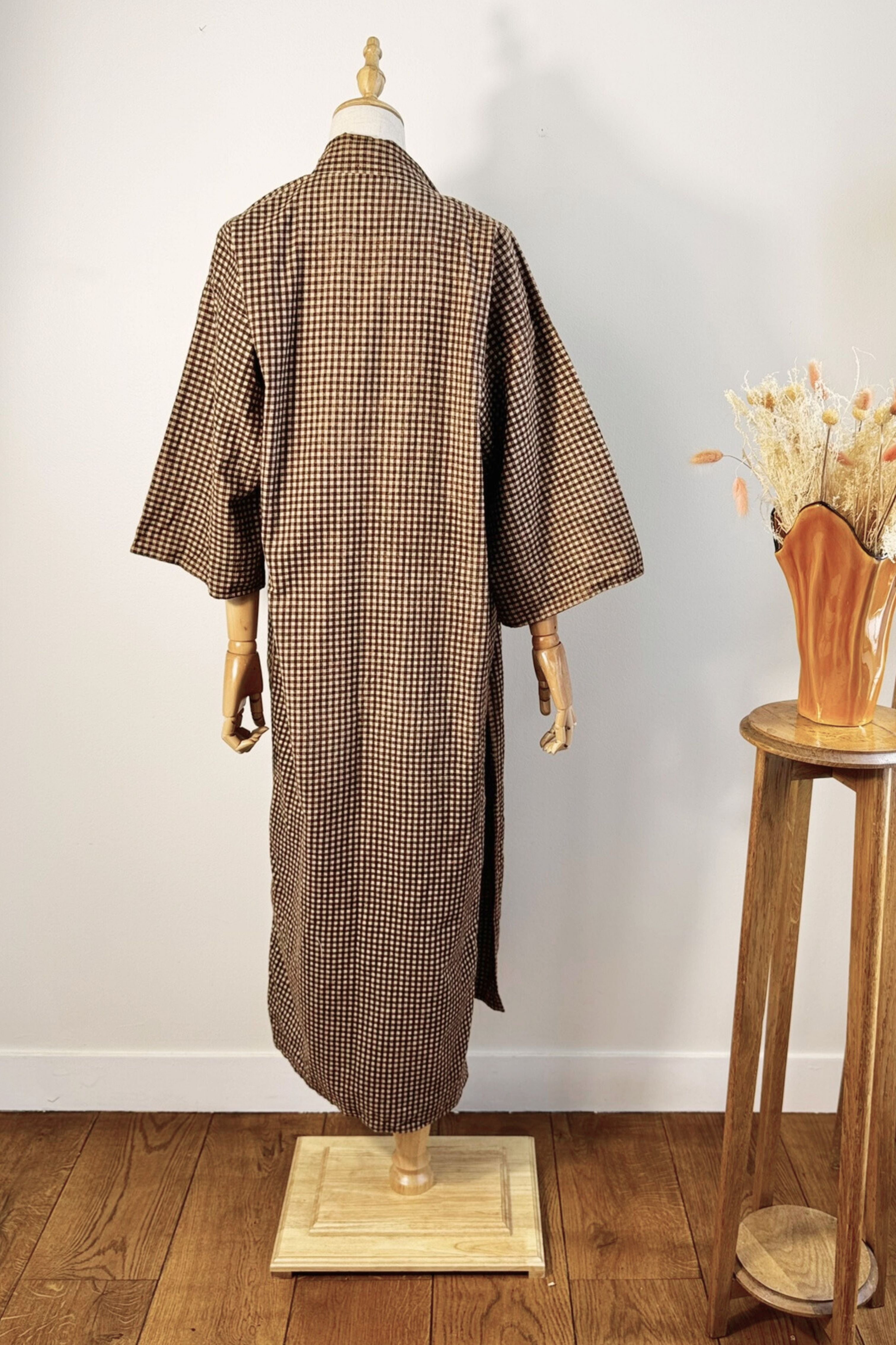 Kimono long à carreaux épais marron