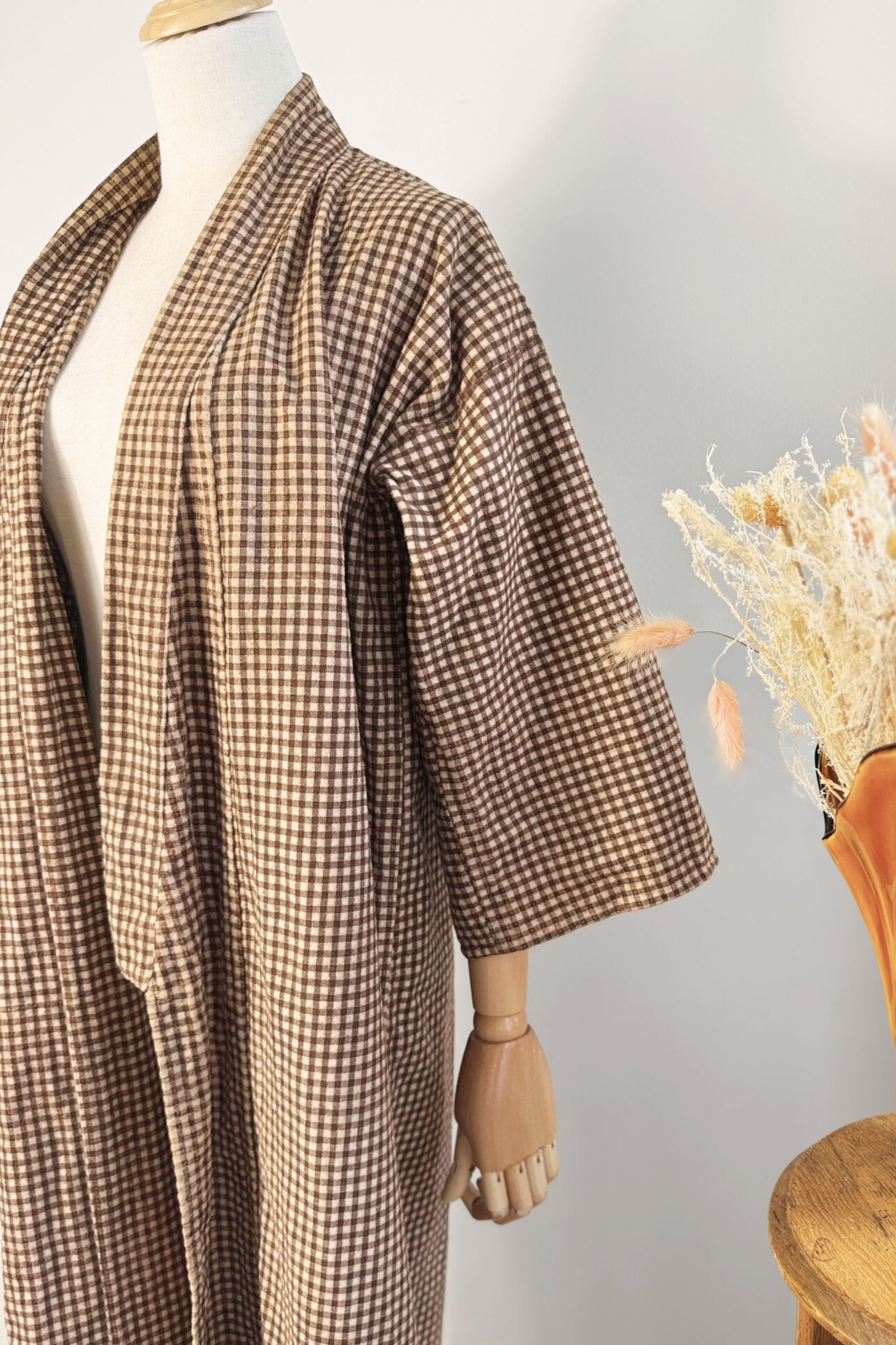 Kimono long à carreaux épais marron