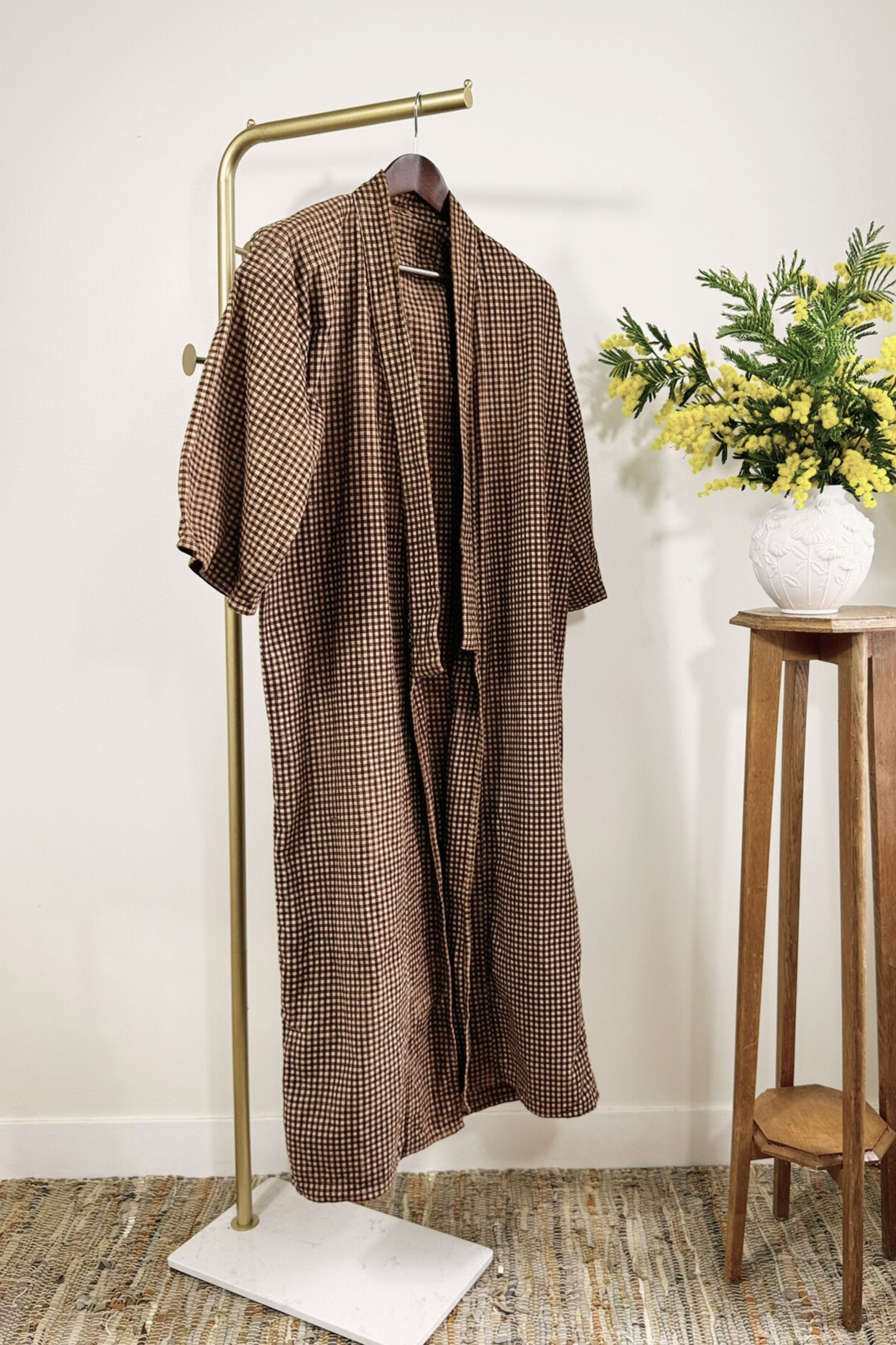 Kimono long à carreaux épais marron