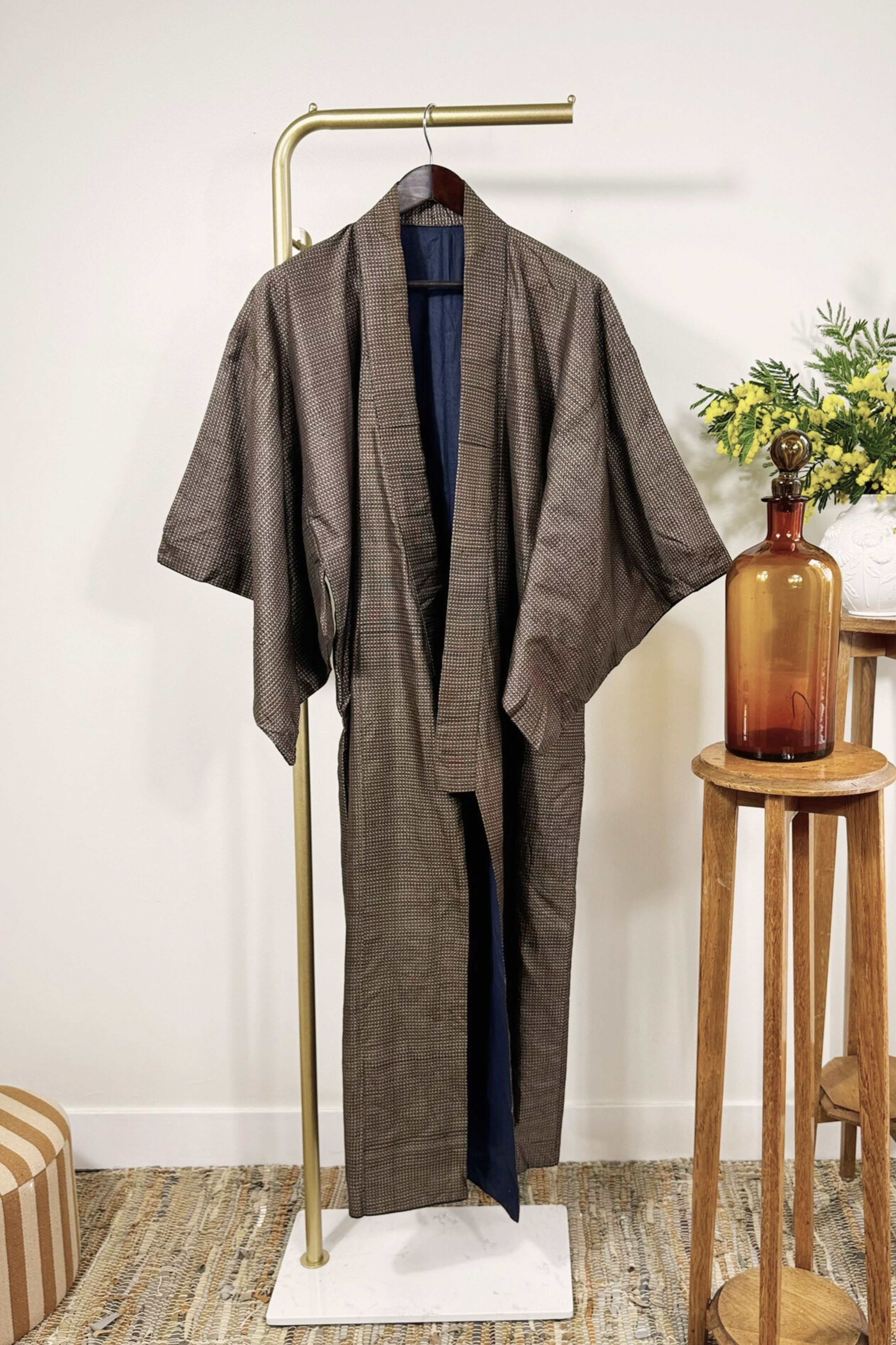 Kimono long à petits carreaux épais marron