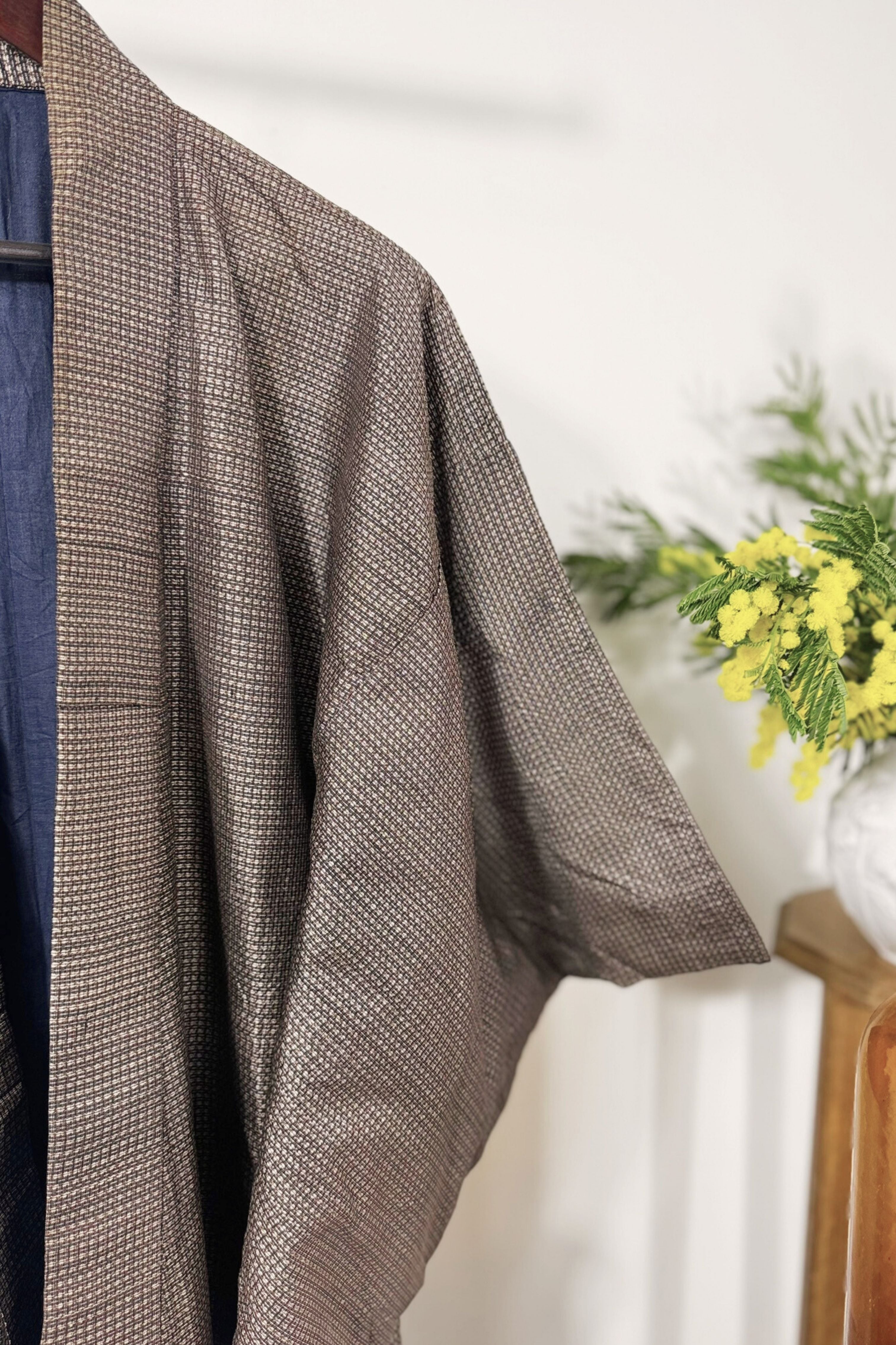 Kimono long à petits carreaux épais marron