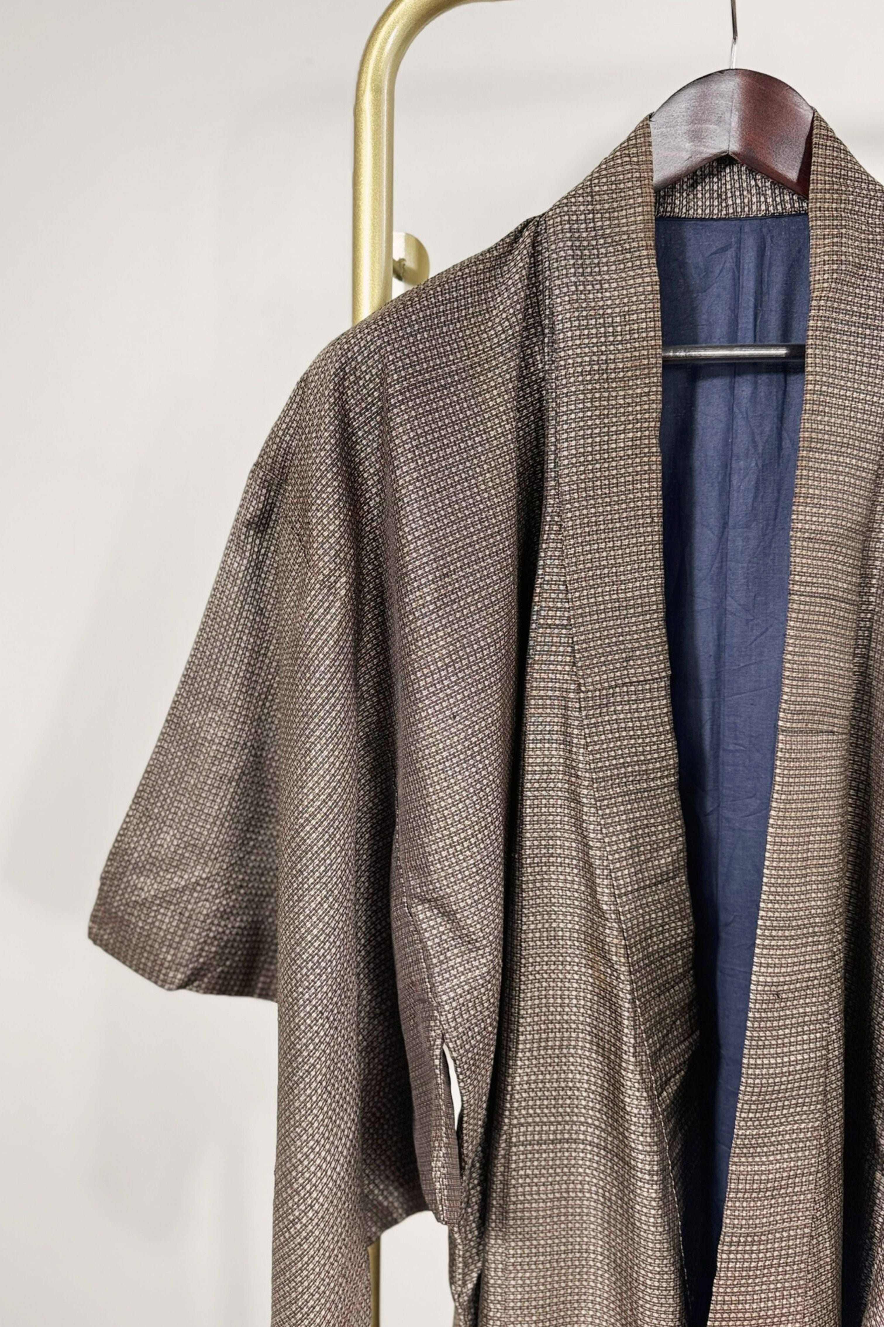 Kimono long à petits carreaux épais marron