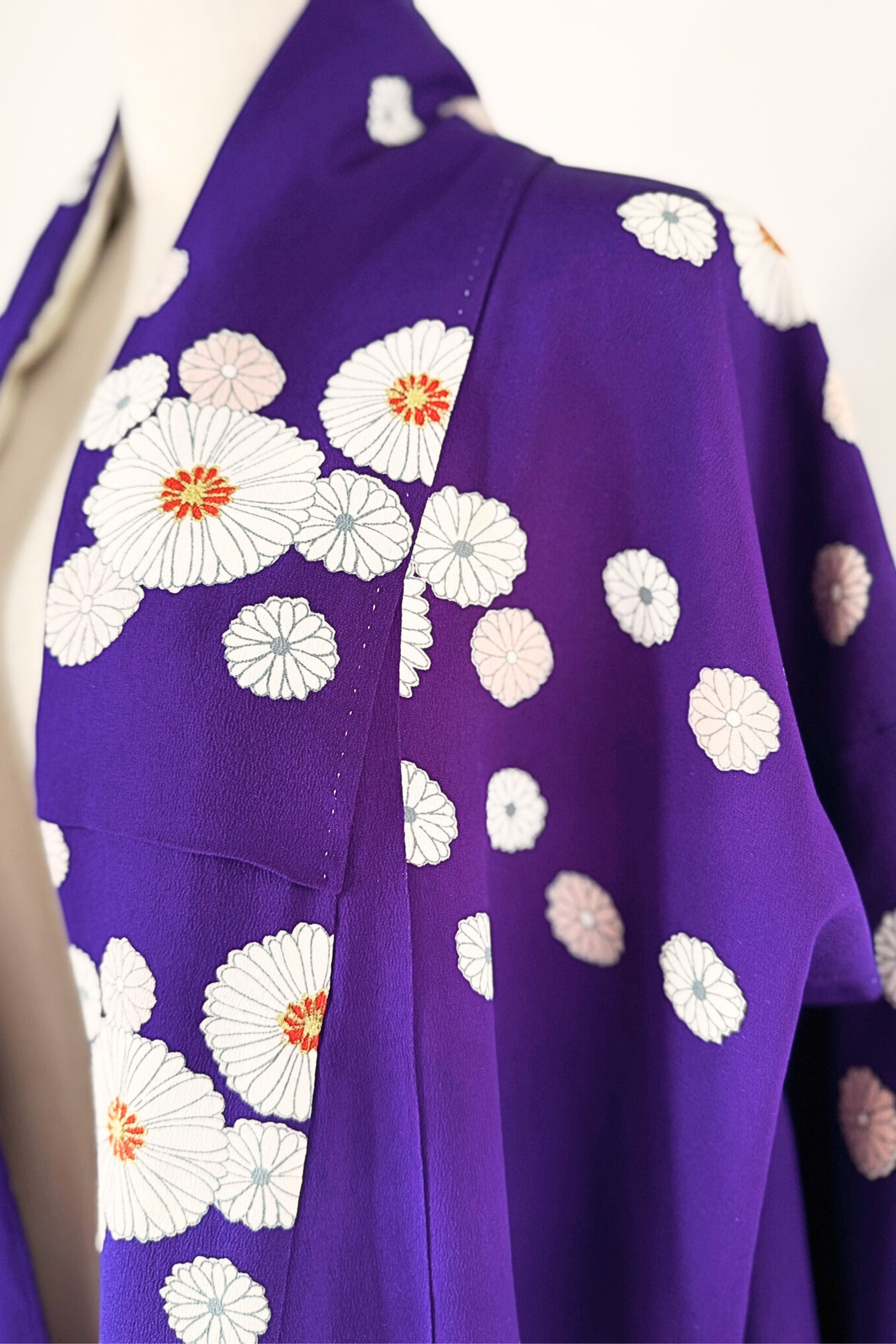 Long purple silk kimono with flowers