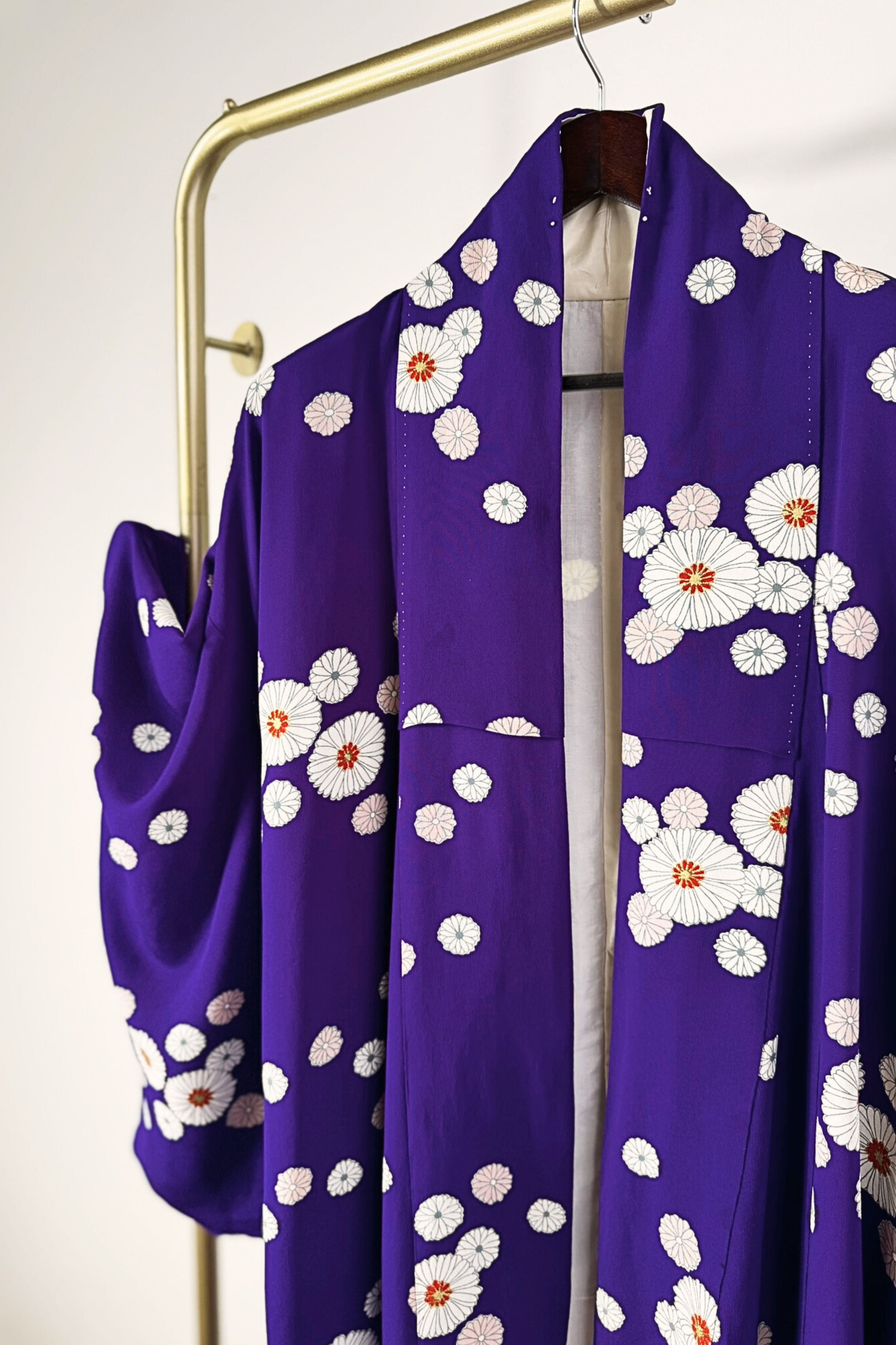 Long purple silk kimono with flowers