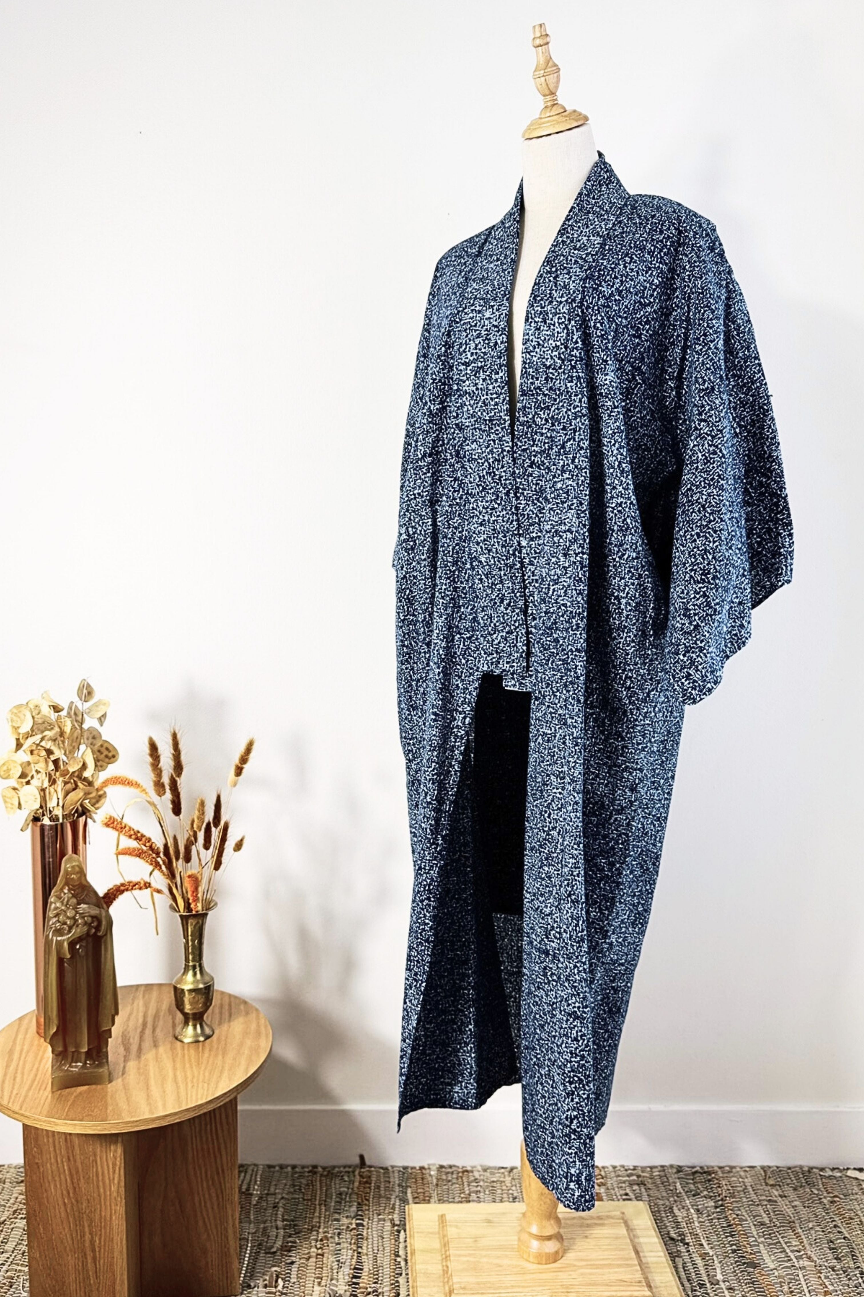 Kimono long marine en coton imprimé