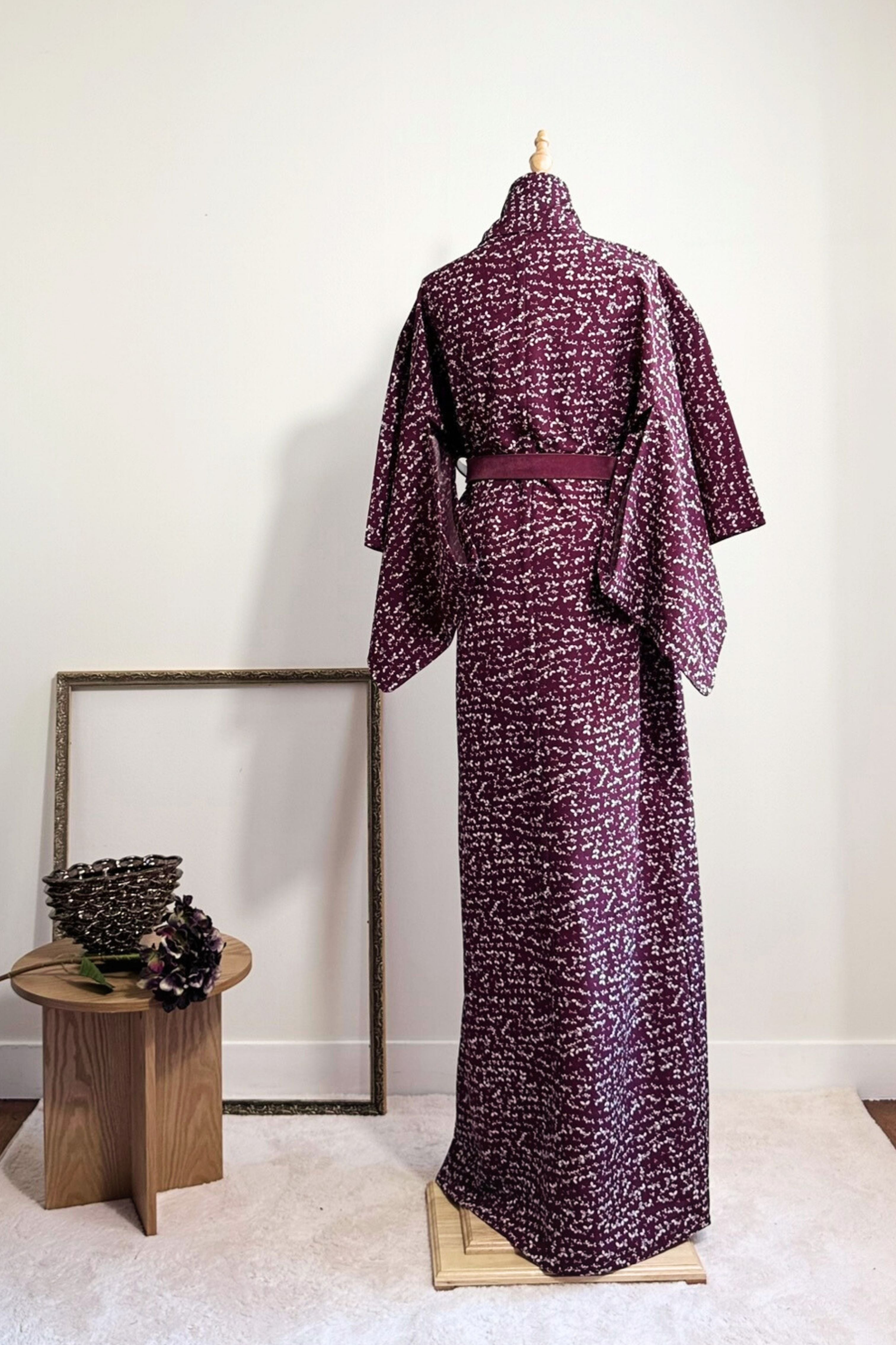 Kimono long bordeaux en coton enduit imprimé