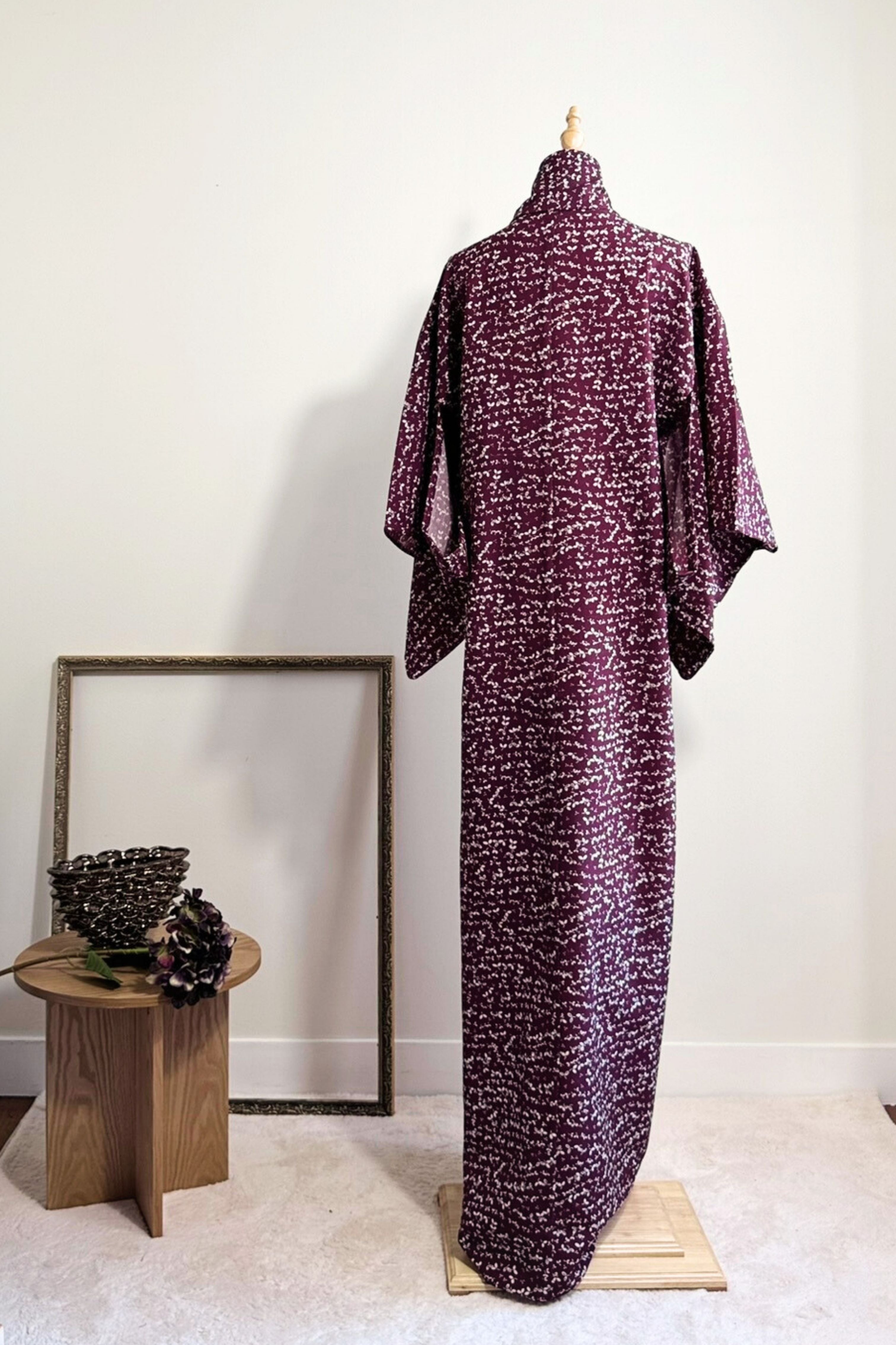 Kimono long bordeaux en coton enduit imprimé
