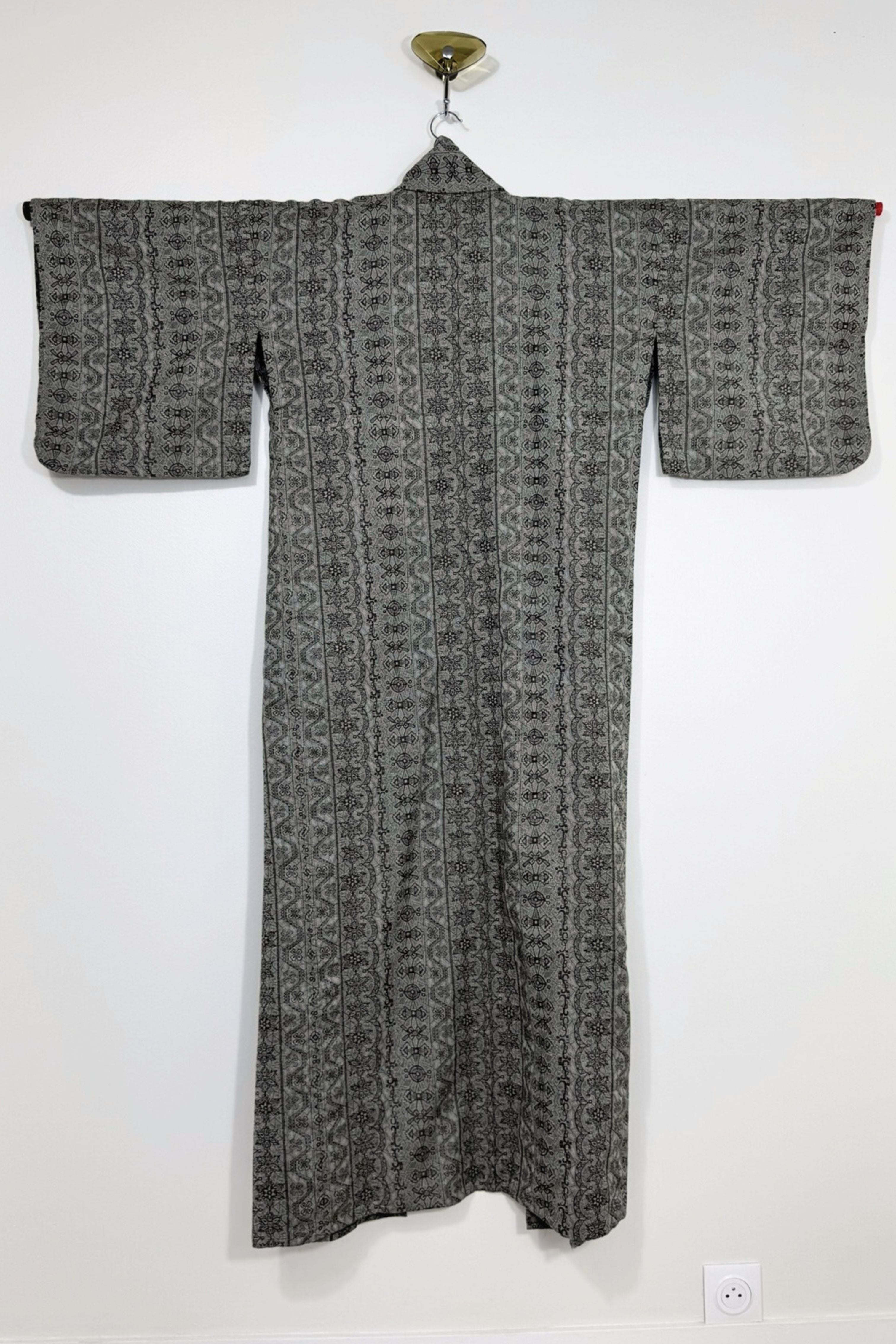 Kimono long en coton épais à motifs kaki