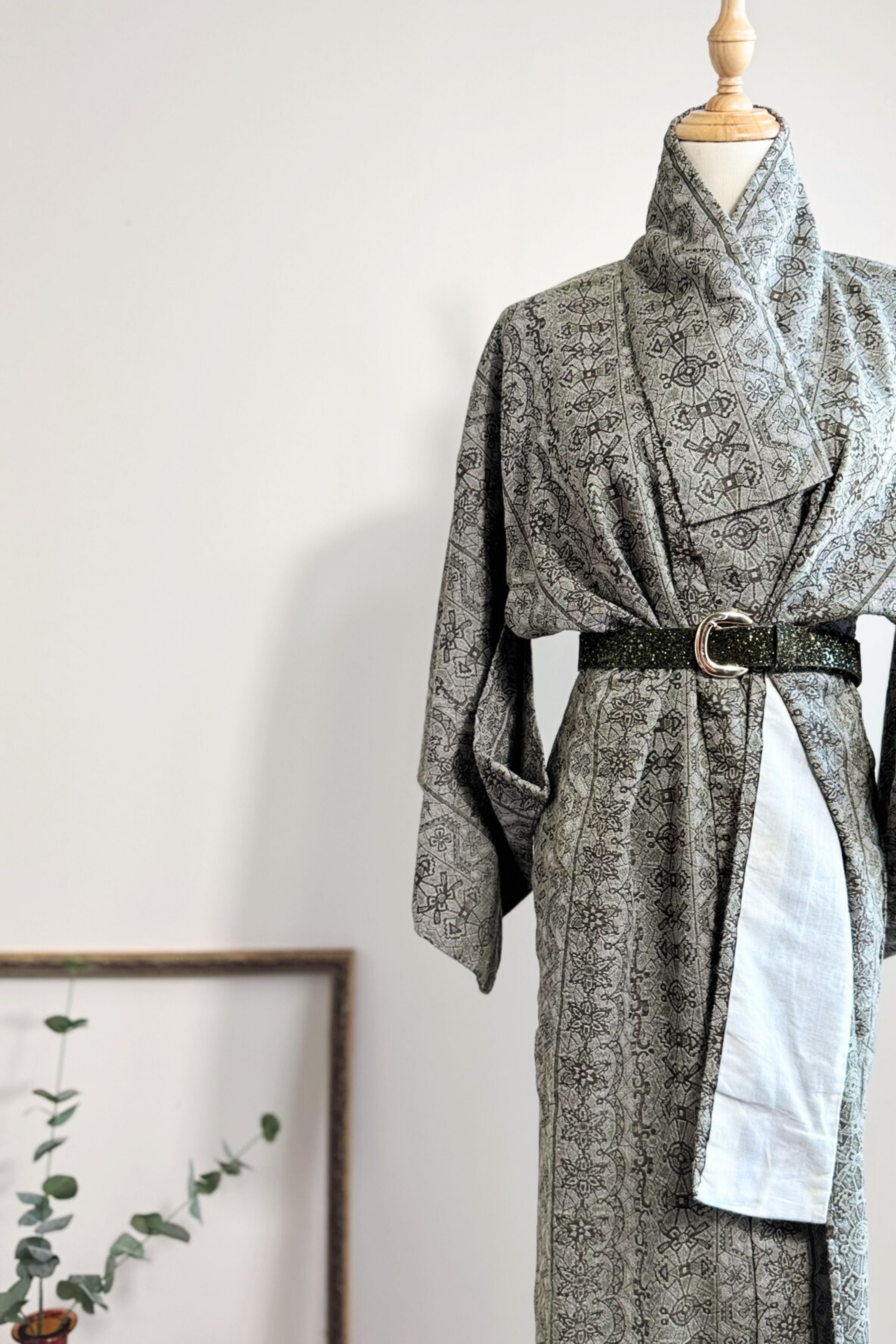 Kimono long en coton épais à motifs kaki