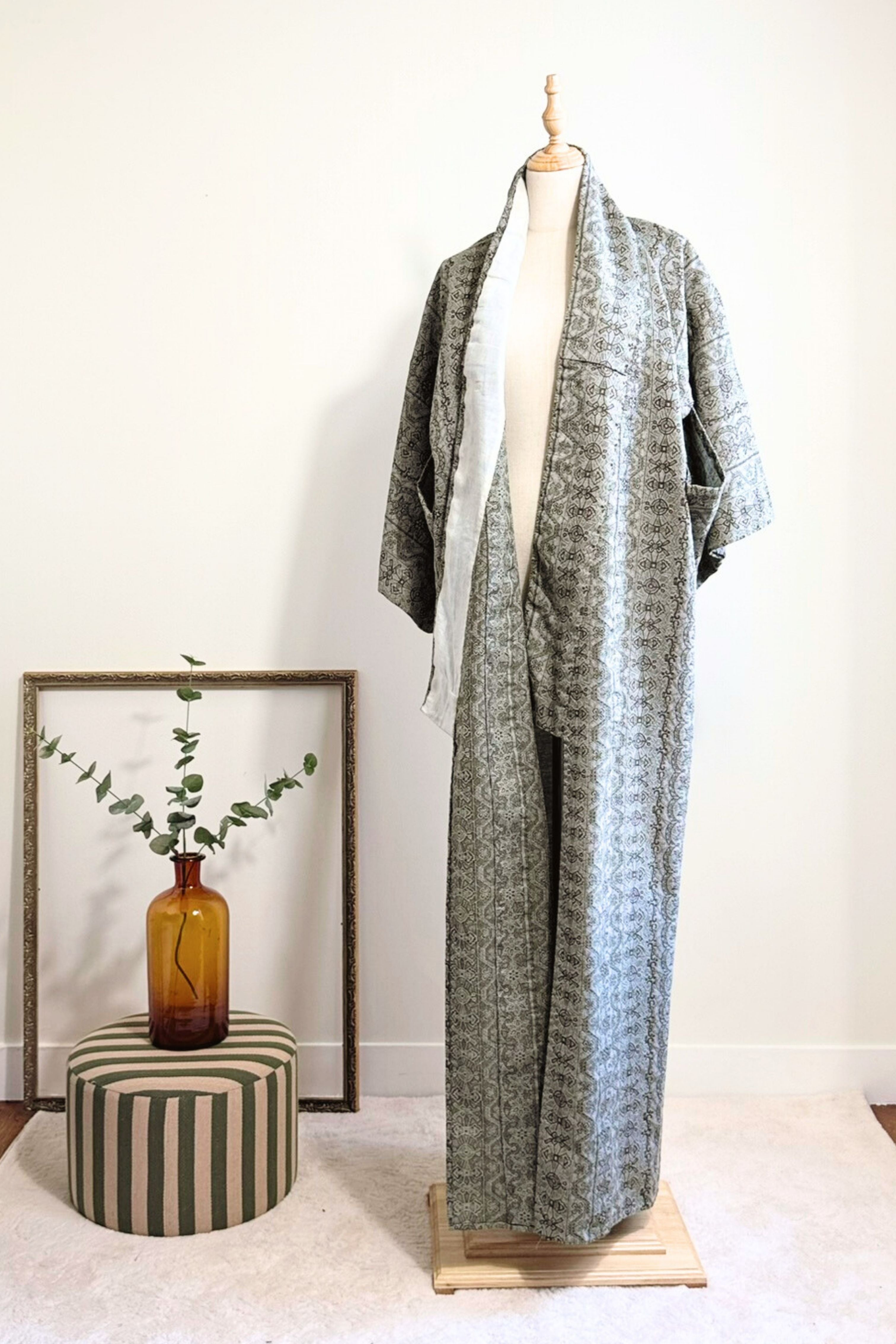 Kimono long en coton épais à motifs kaki