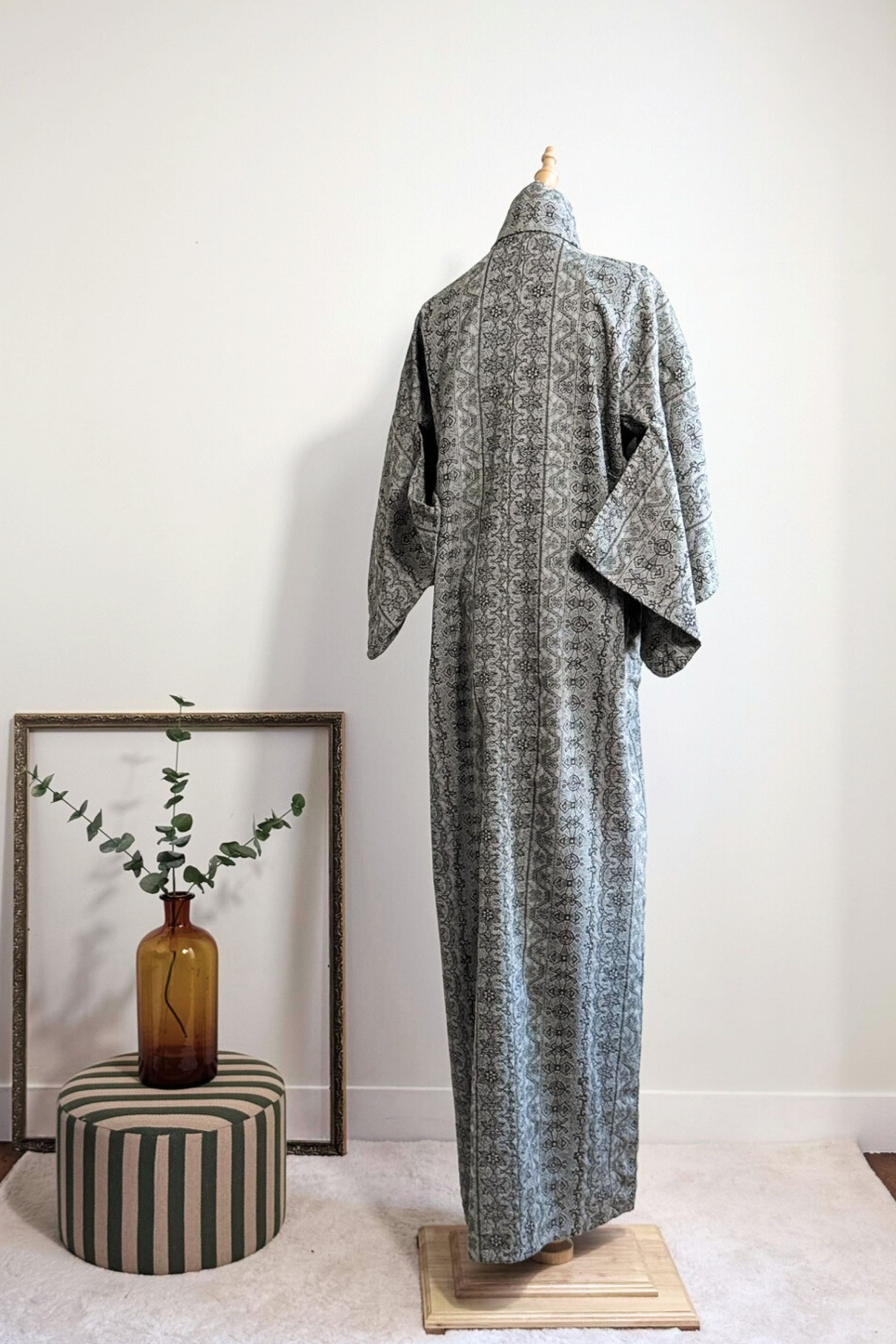 Kimono long en coton épais à motifs kaki