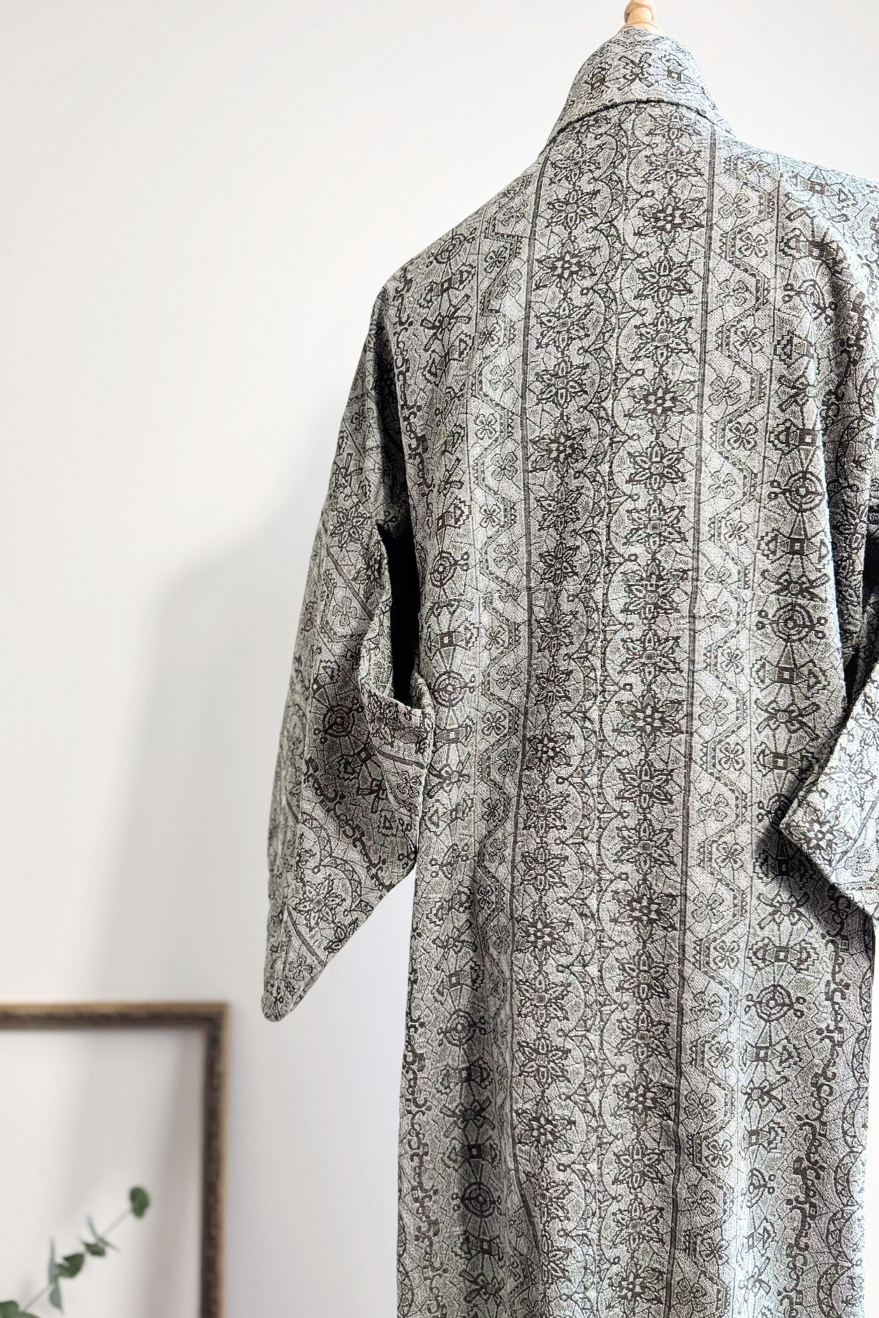 Kimono long en coton épais à motifs kaki