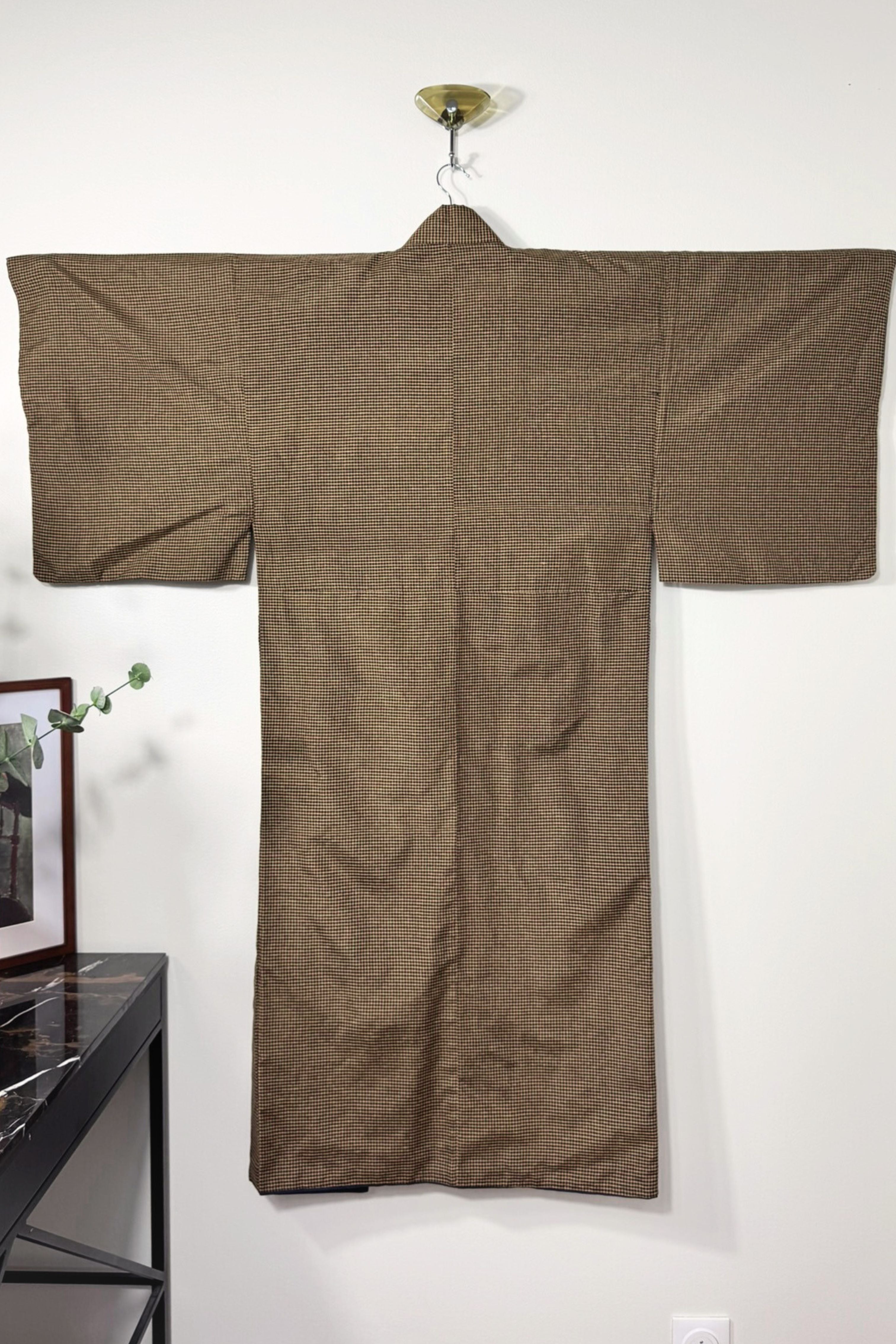 Kimono long à petits carreaux épais camel