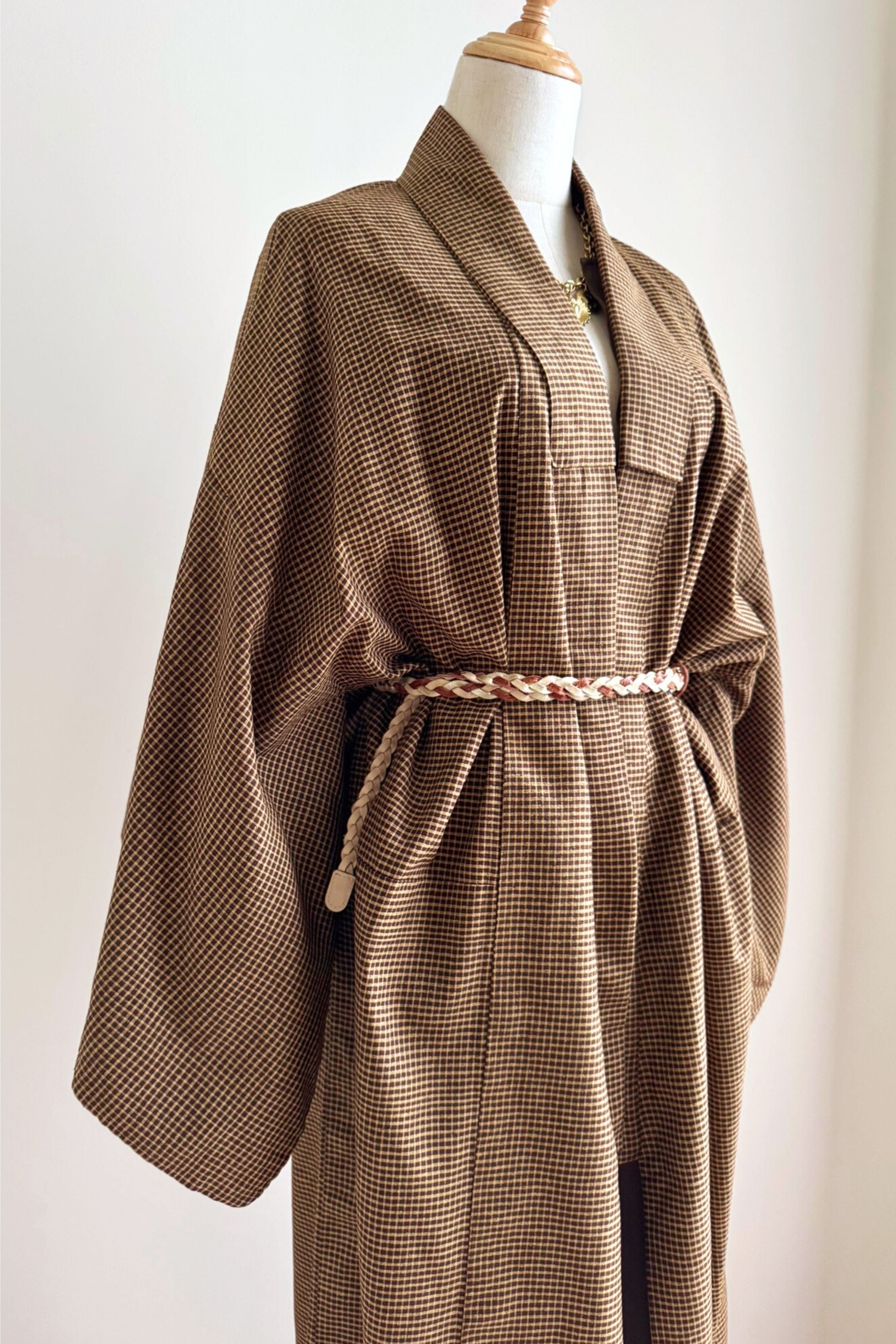 Kimono long à petits carreaux épais camel