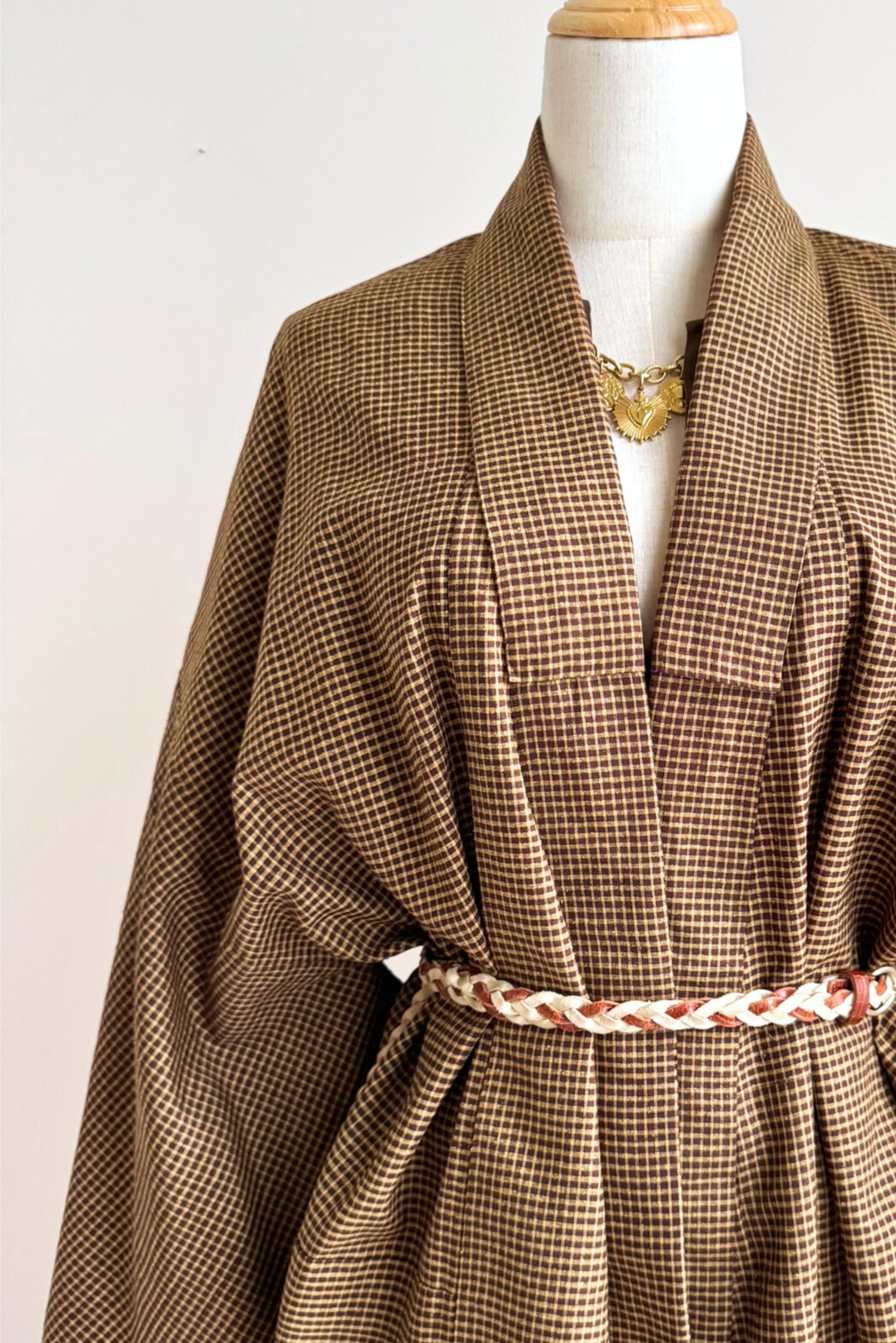 Kimono long à petits carreaux épais camel