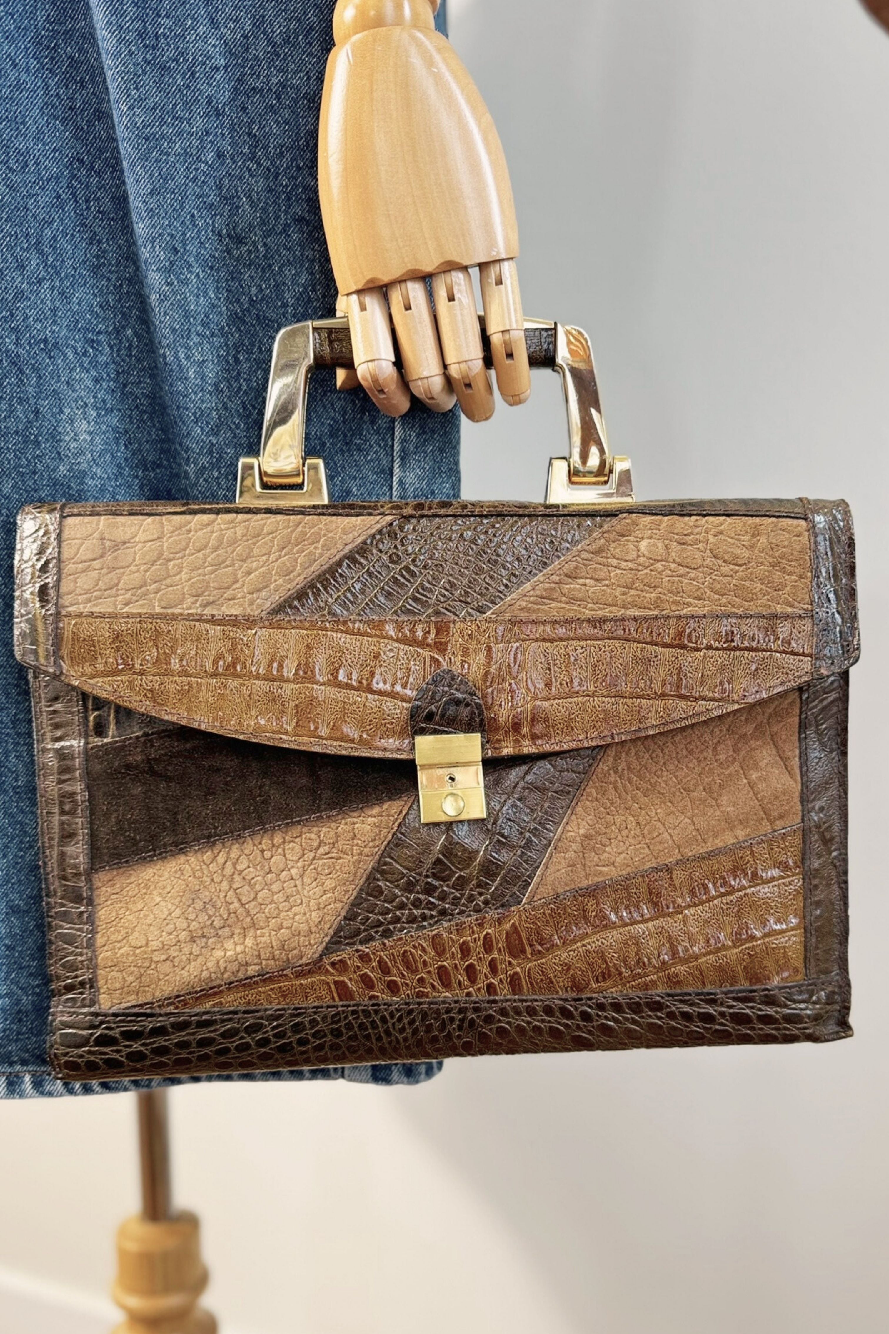 Brown crocodile patchwork leather handbag