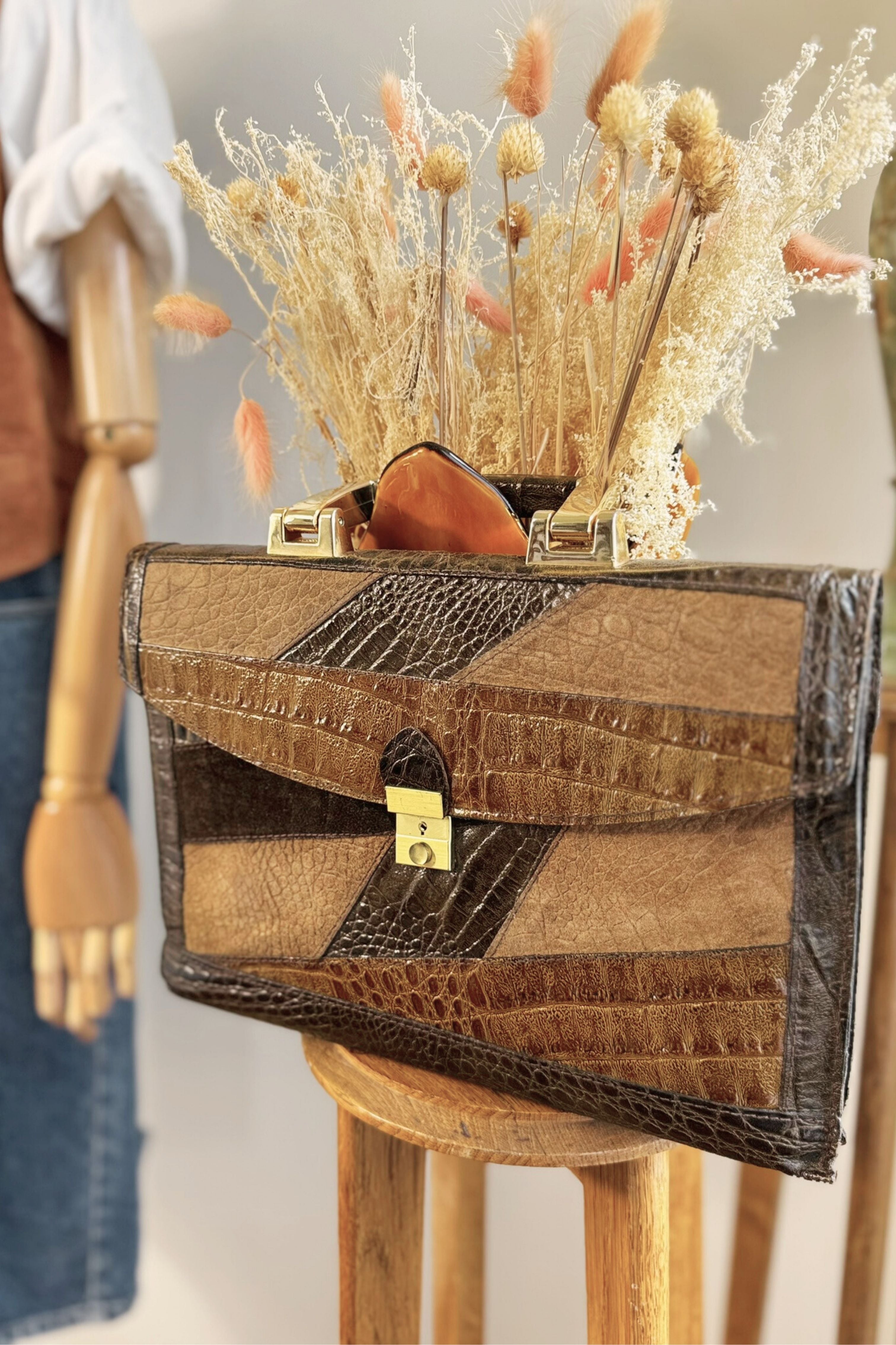 Brown crocodile patchwork leather handbag