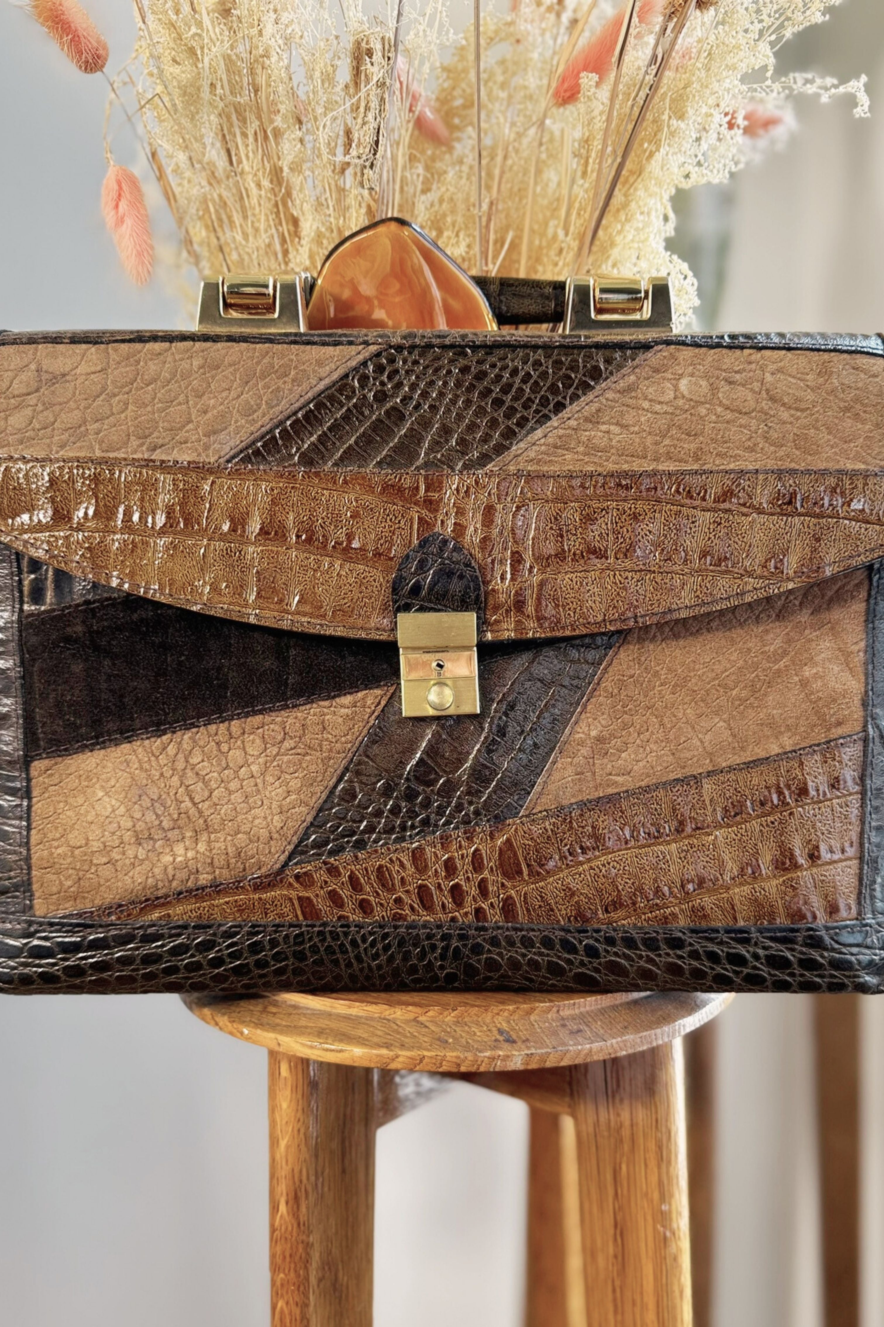 Brown crocodile patchwork leather handbag