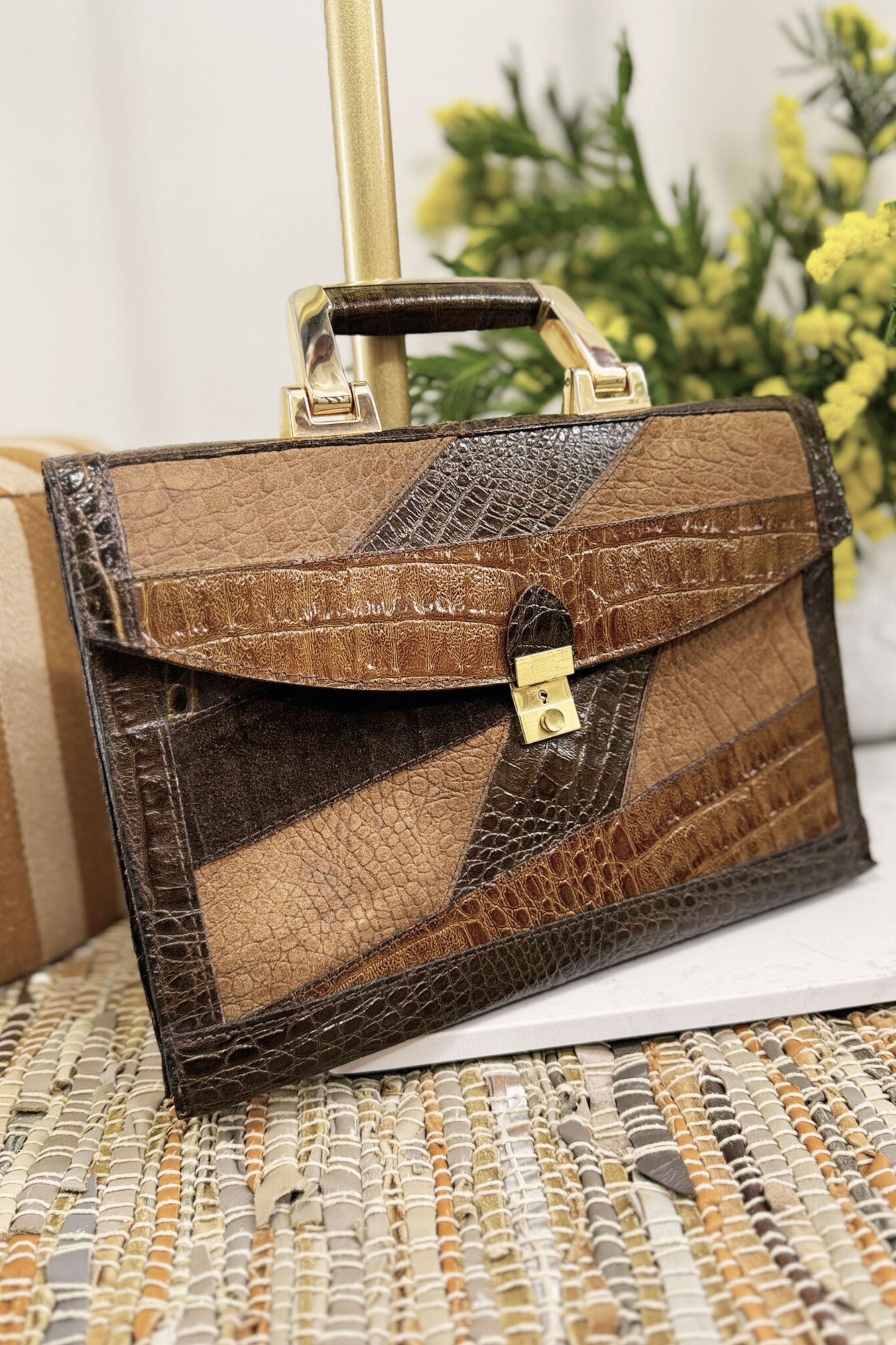 Brown crocodile patchwork leather handbag