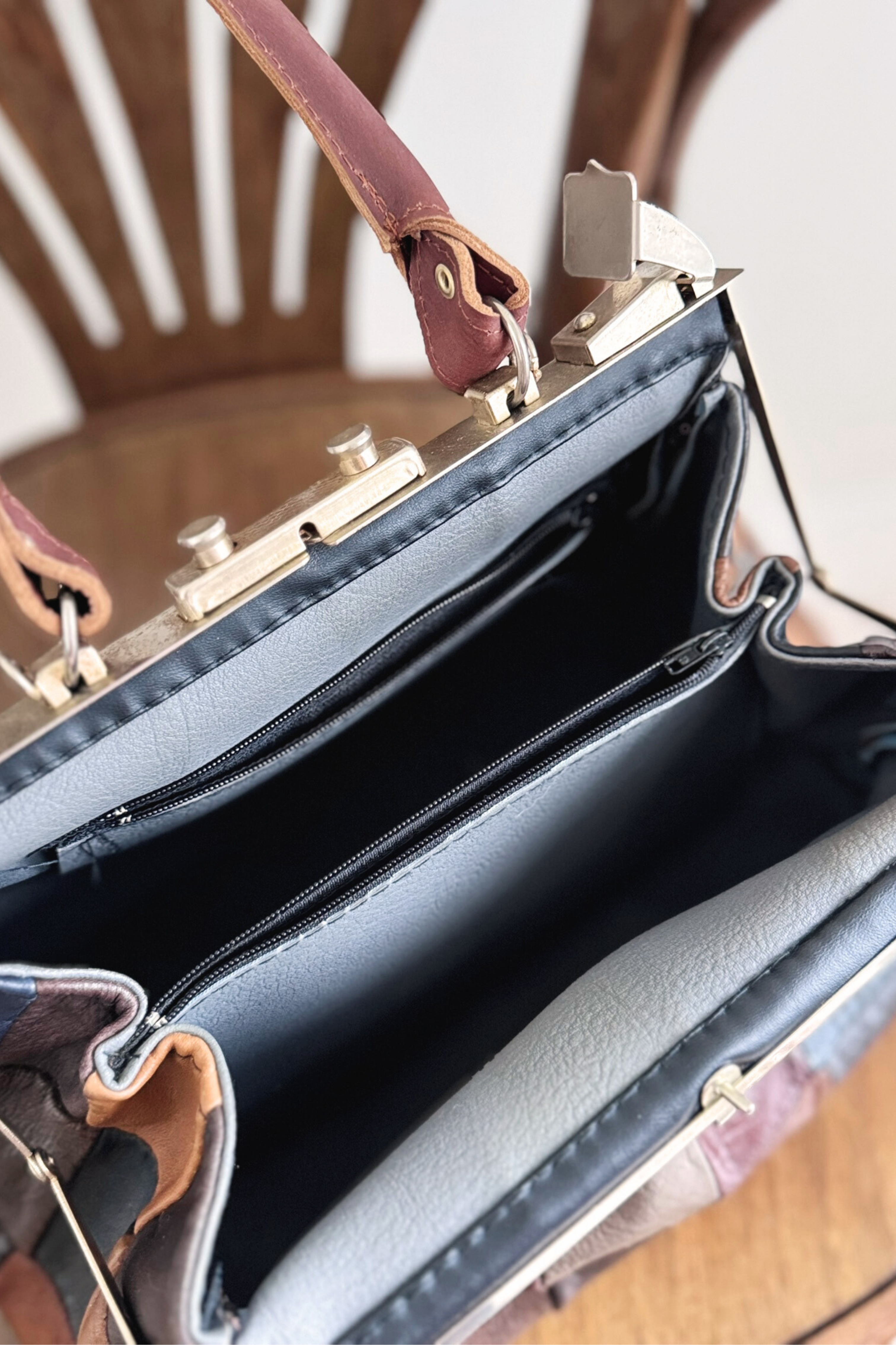 Brown crocodile patchwork leather handbag