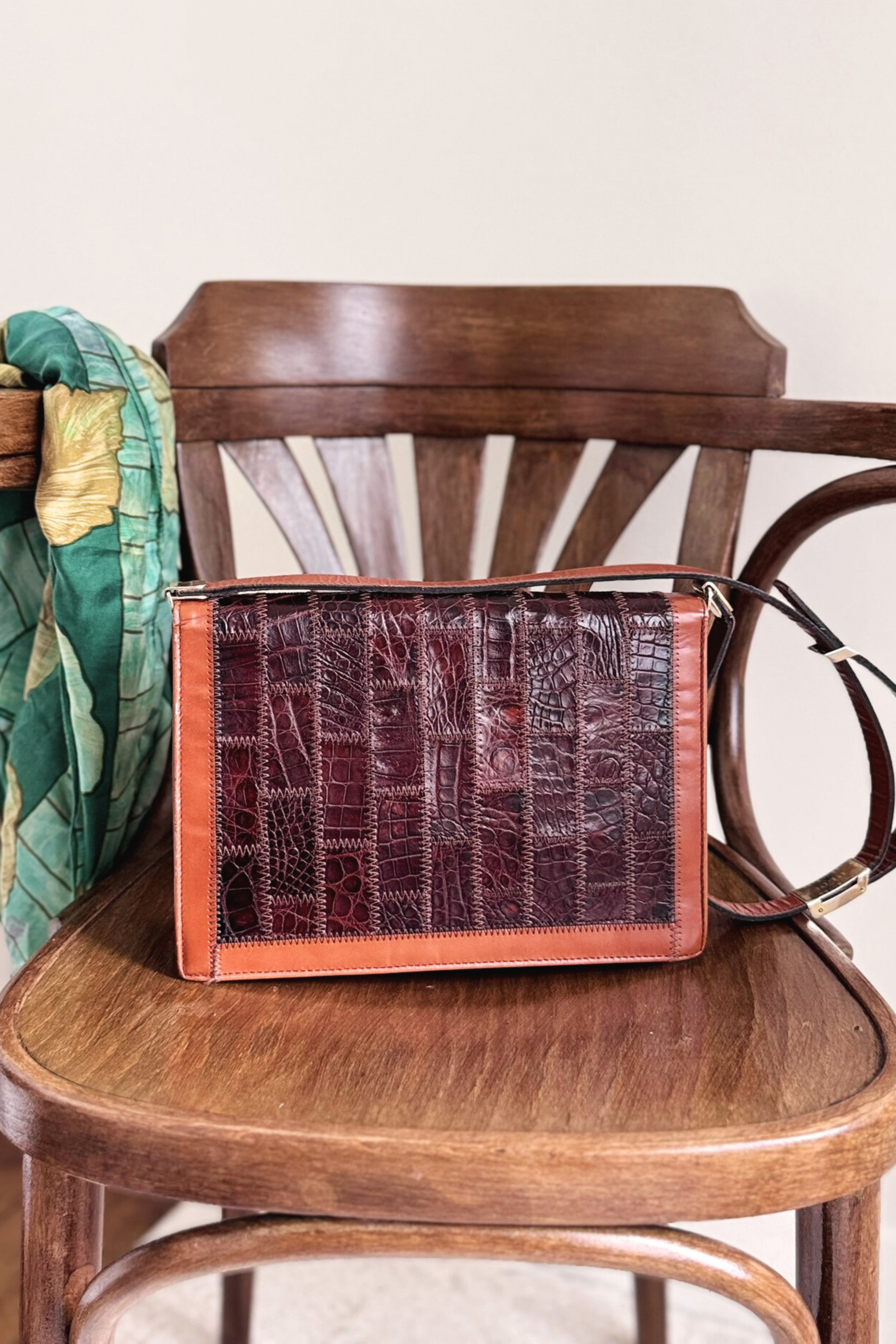 Sac à main POURCHET en cuir patchwork brun