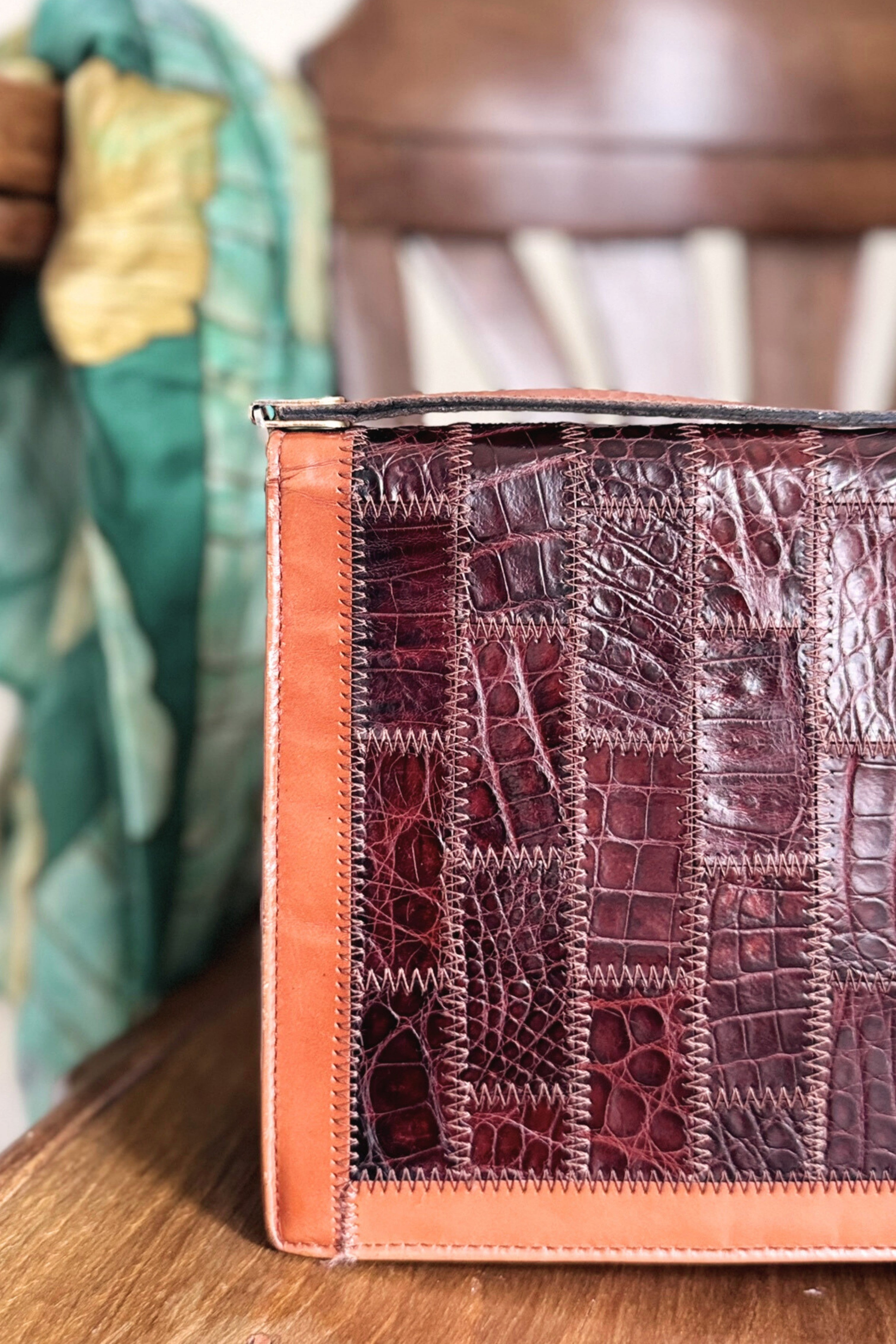 Brown crocodile patchwork leather handbag