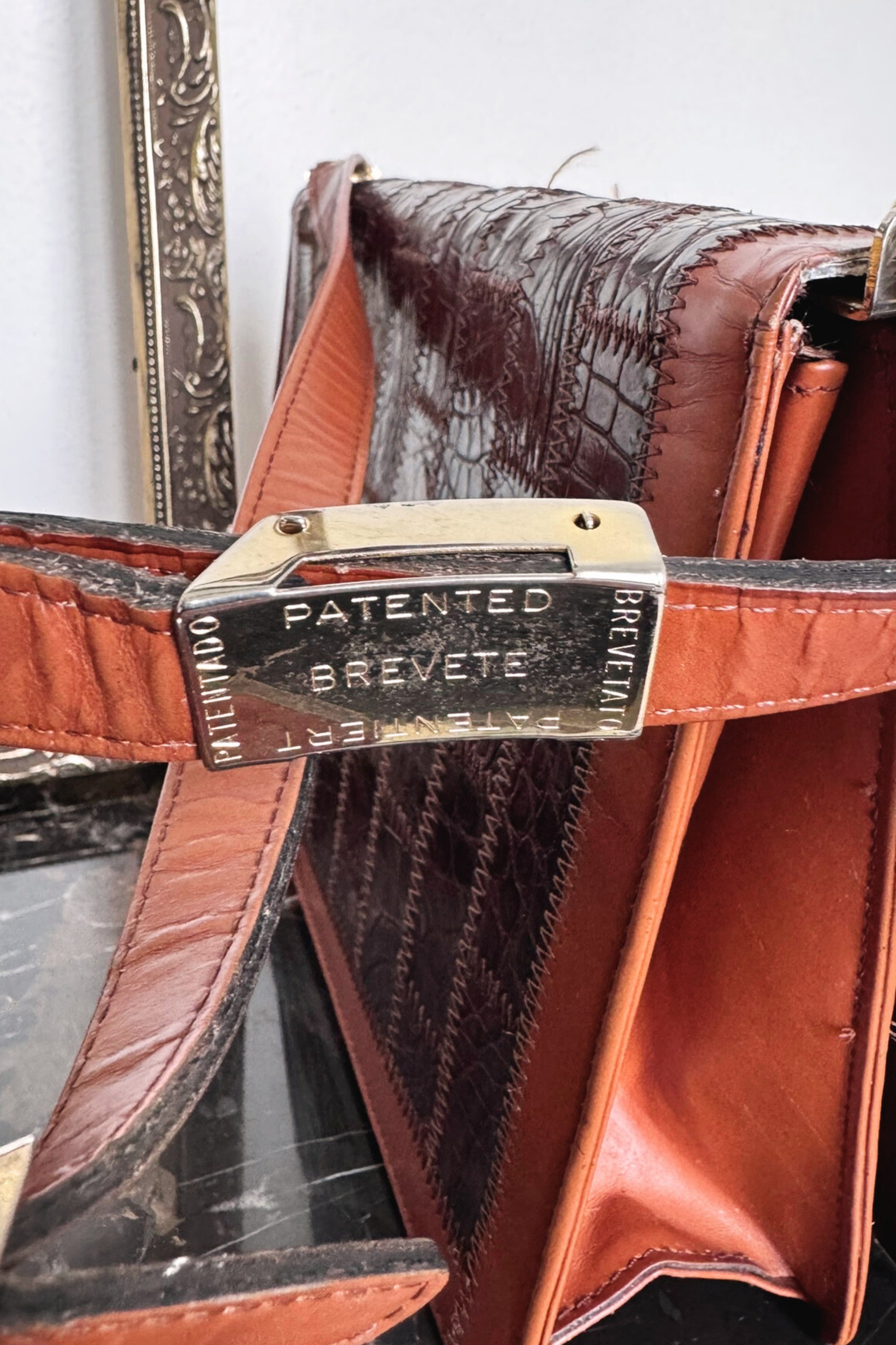 Brown crocodile patchwork leather handbag